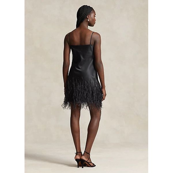 POLO RALPH LAUREN – robe de COCKTAIL en SATIN garniture en plumes d'autruche