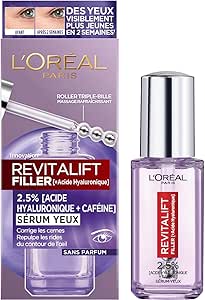 L'Oréal - Sérum Contour des Yeux - Anti-Rides , Anti-Poches & Anti-Cernes - Acide Hyaluronique + Caféine - Triple-Bille innovant - Revitalift Filler Hyaluron - 20 ml