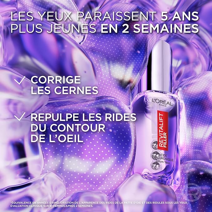 L'Oréal - Sérum Contour des Yeux - Anti-Rides , Anti-Poches & Anti-Cernes - Acide Hyaluronique + Caféine - Triple-Bille innovant - Revitalift Filler Hyaluron - 20 ml