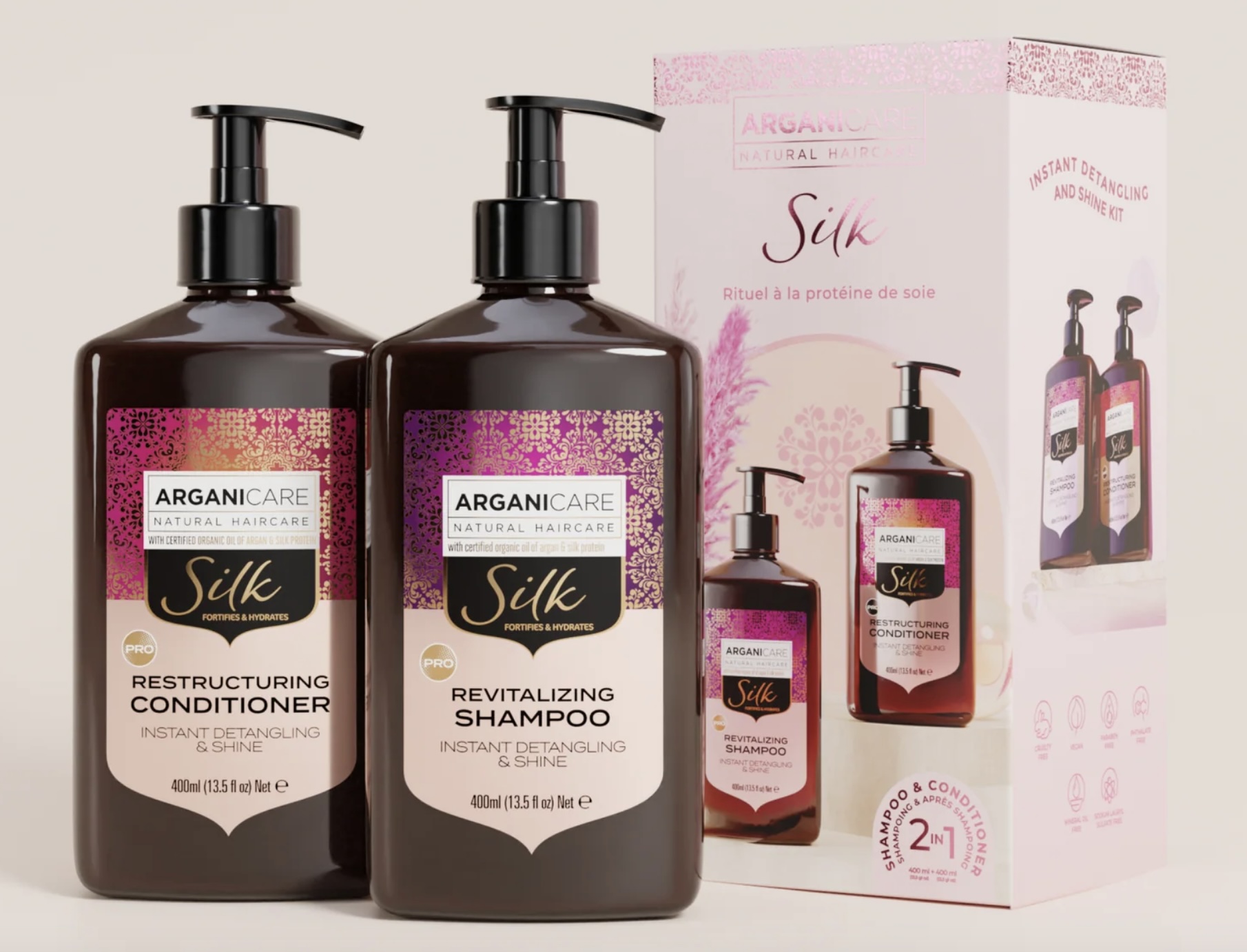 Lot Shampooing et Après-shampooing Arganicare Silk, proteine de soie et Argan naturel - 400ml chacun