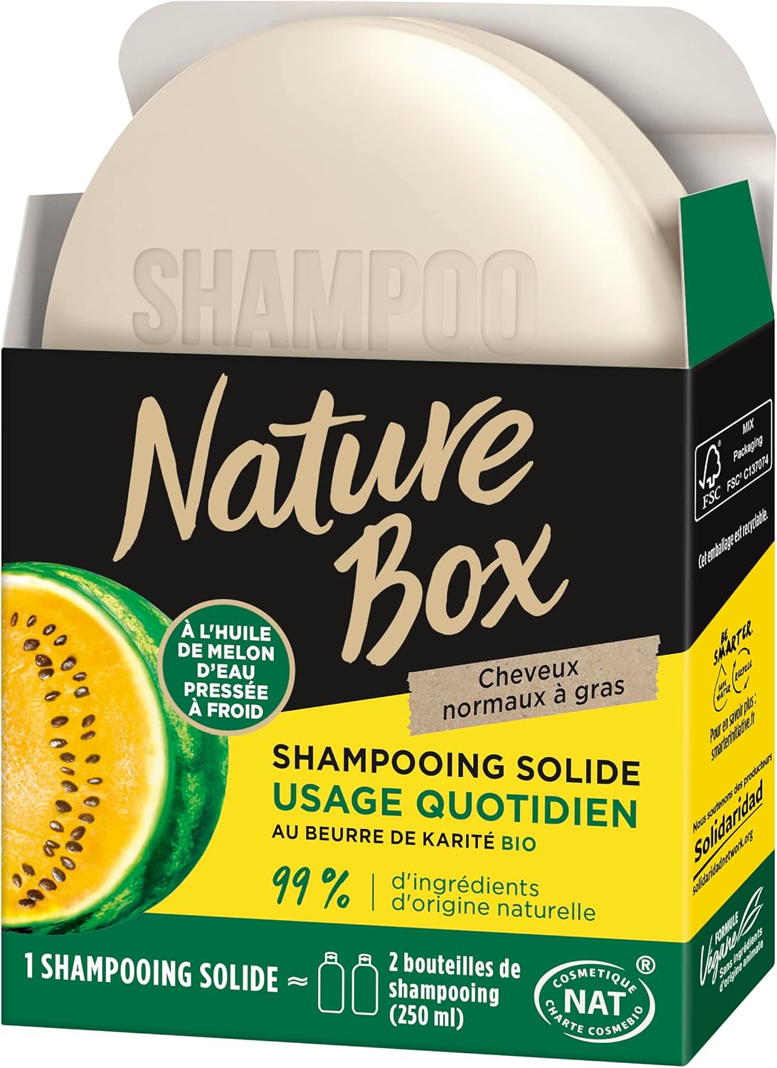 Nature Box Shampoing Solide Usage Quotidien au Beurre de Karité Bio– 85 g