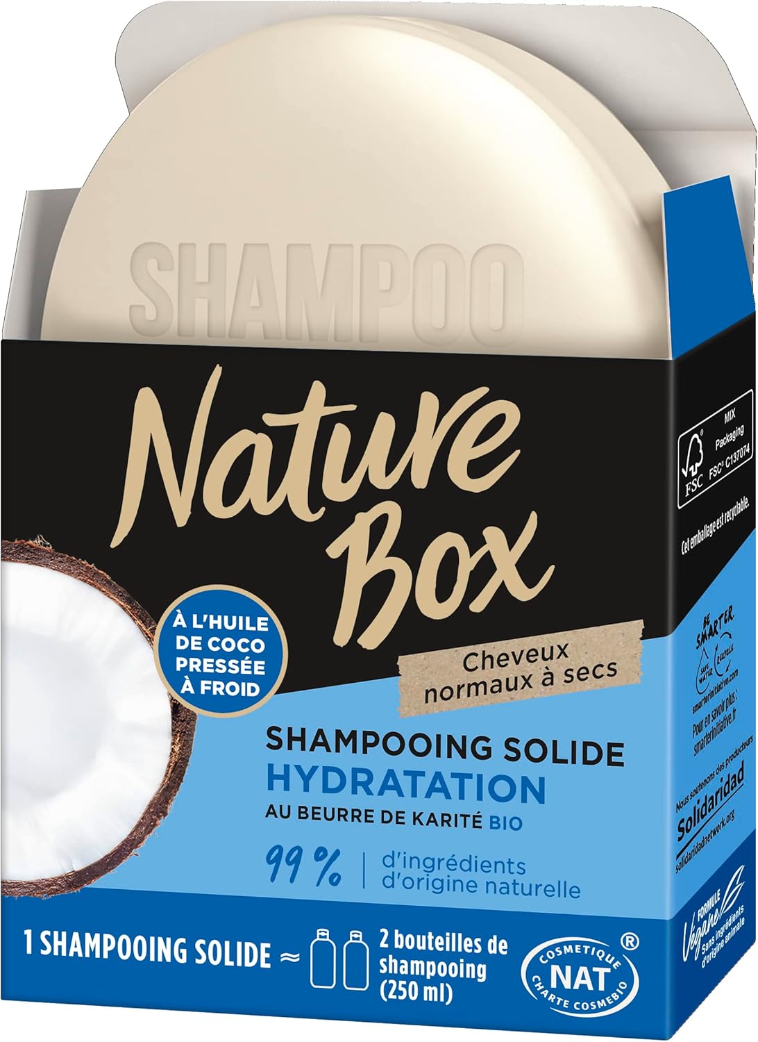 Nature Box Shampoing Solide Hydratation au Beurre de Karité Bio et l'huile de coco– 85 g