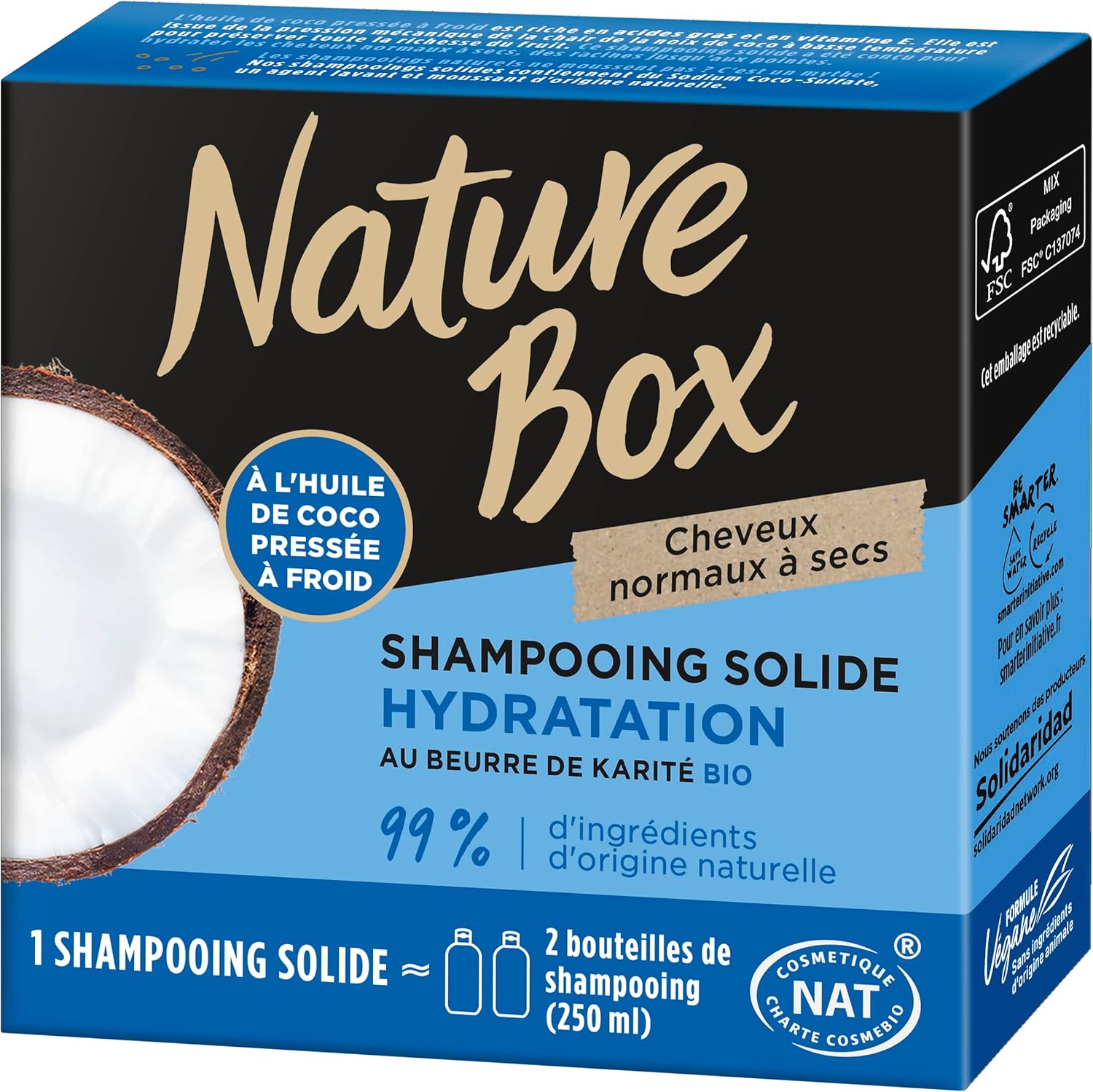 Nature Box Shampoing Solide Hydratation au Beurre de Karité Bio et l'huile de coco– 85 g