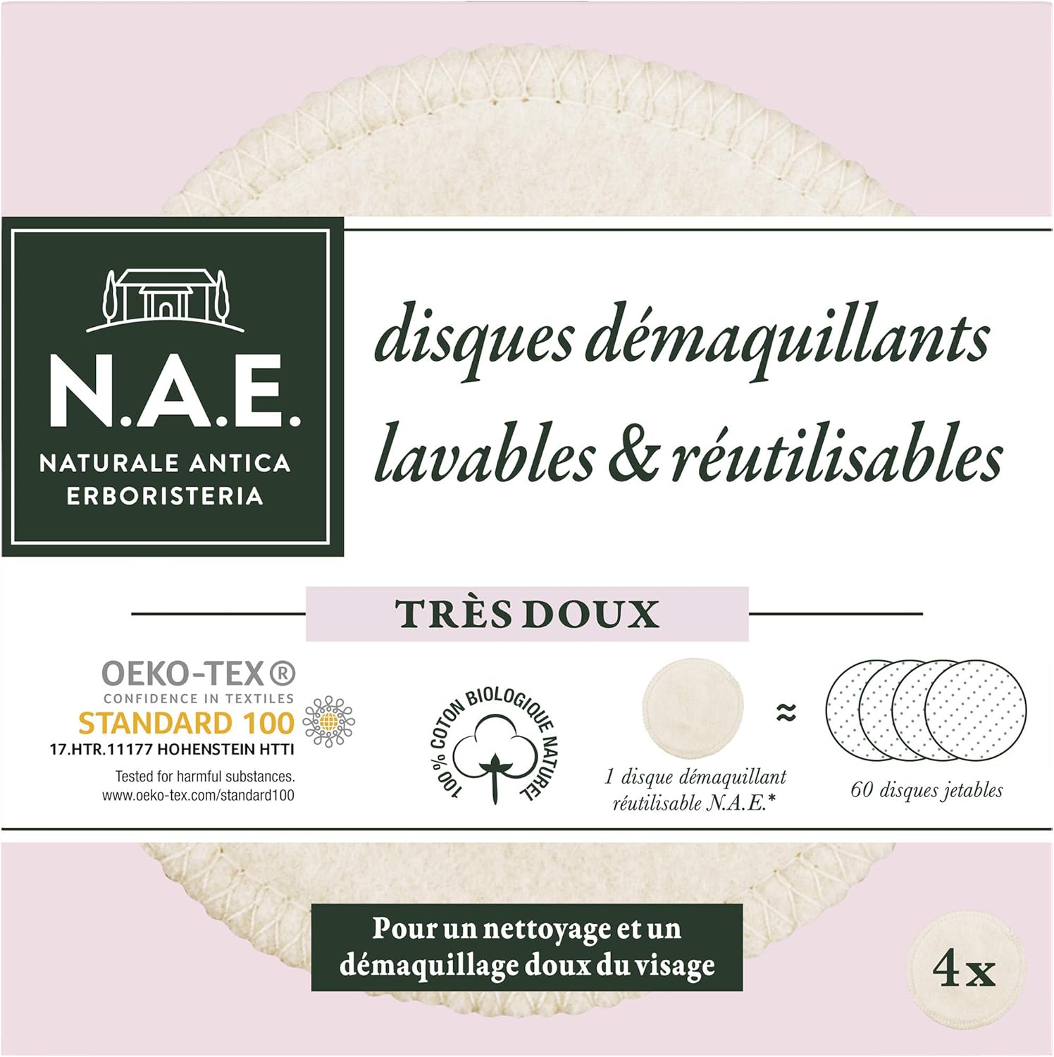 N.A.E. 4 Disques démaquillants Lavables Visage - Cotons réutilisables - 100% Coton Biologique