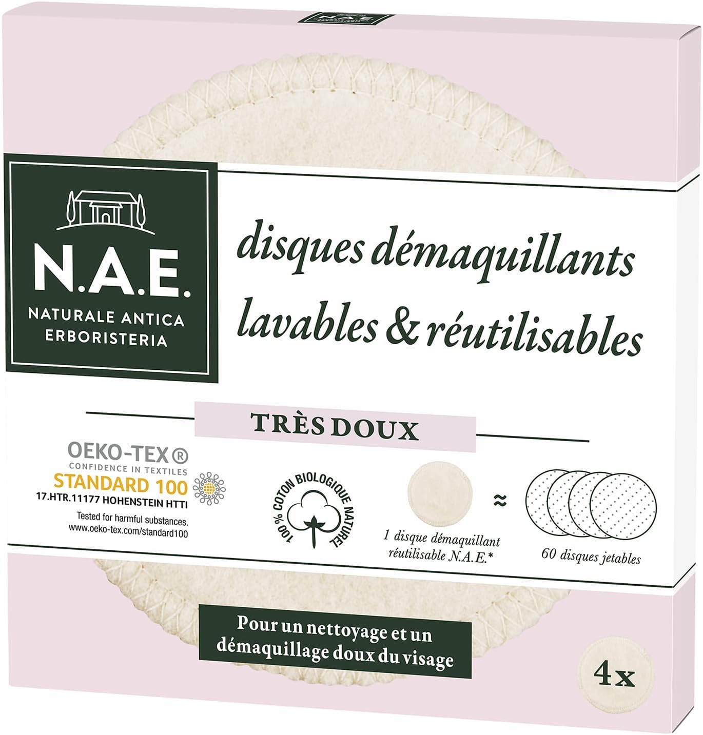 N.A.E. 4 Disques démaquillants Lavables Visage - Cotons réutilisables - 100% Coton Biologique