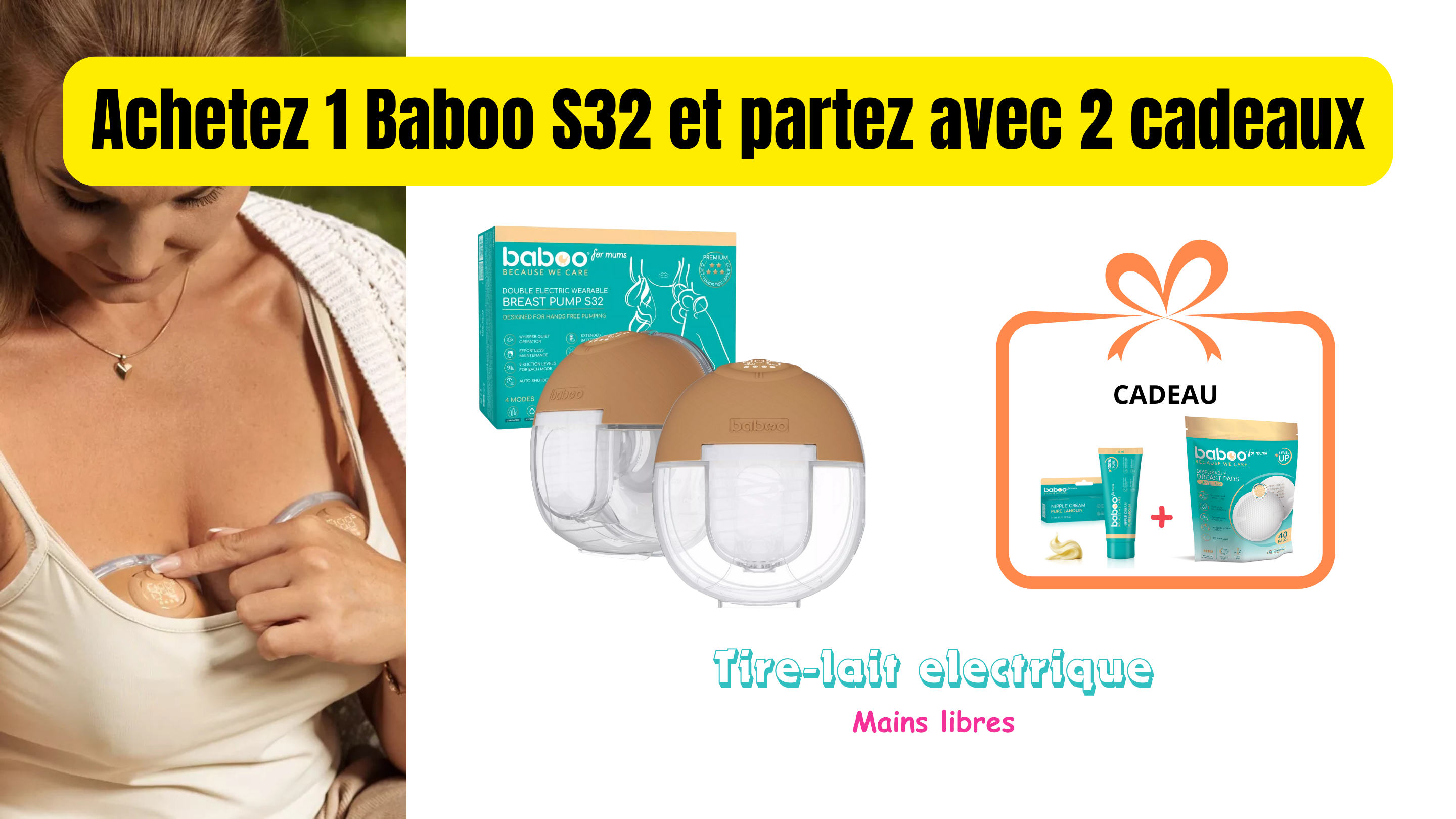 Tire-lait électrique Baboo S32 mains libres + 1 crème Lanoline 35 g + 40 coussinets d'allaitement