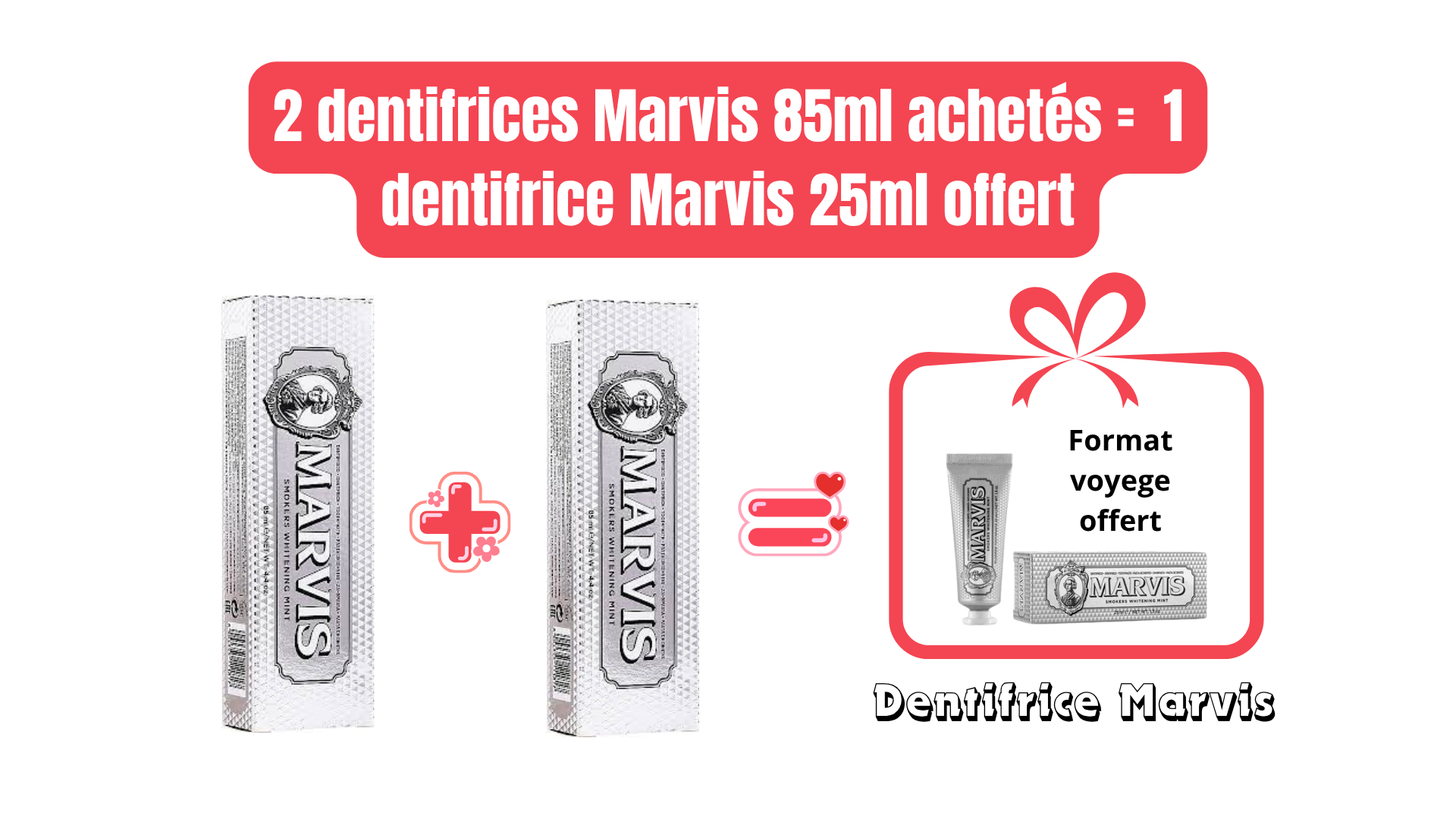 Lot de 2 dentifrices Marvis blanchissant ou à la réglisse + 1 dentifrice voyage offert