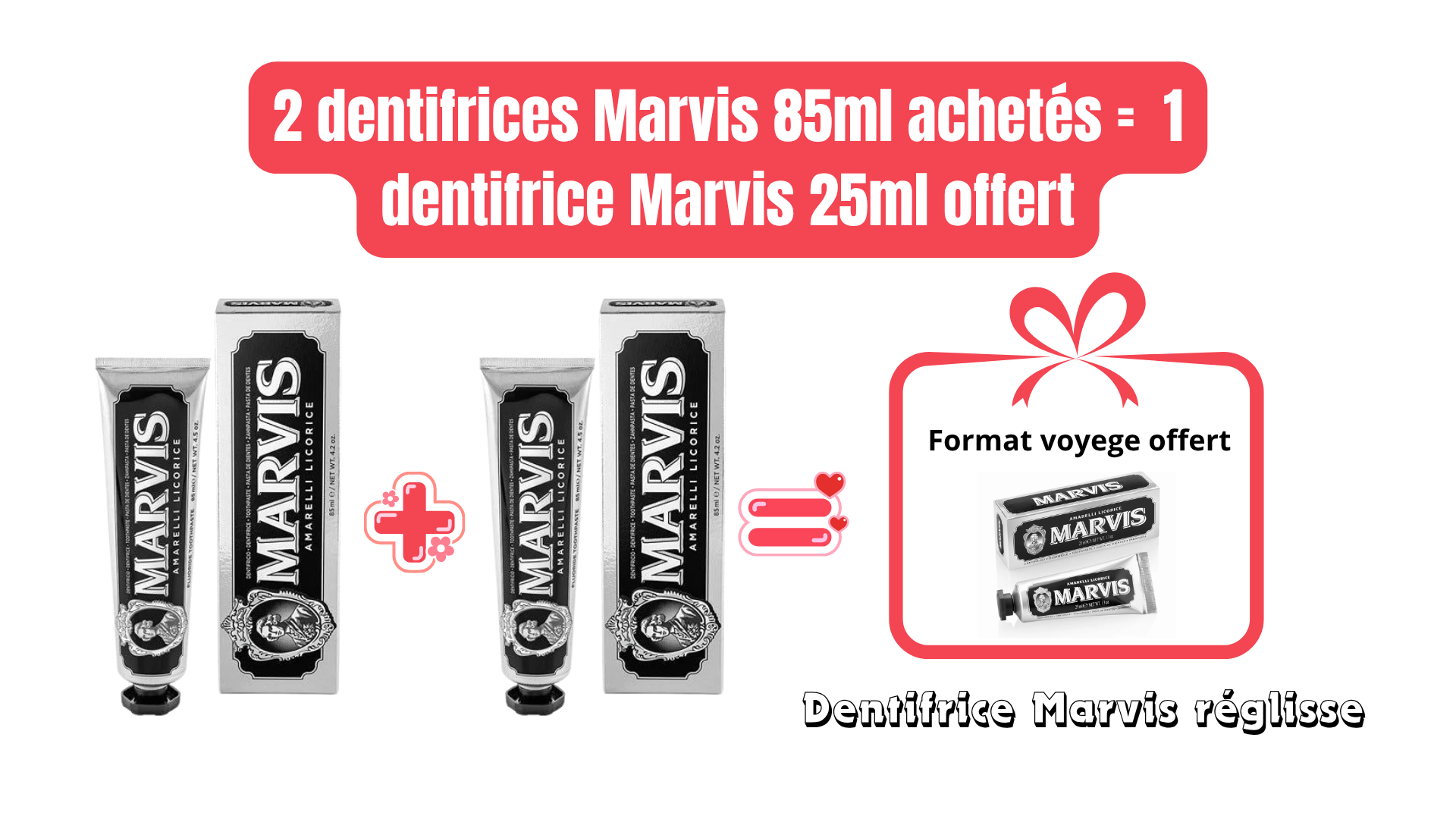 Lot de 2 dentifrices Marvis blanchissant ou à la réglisse + 1 dentifrice voyage offert