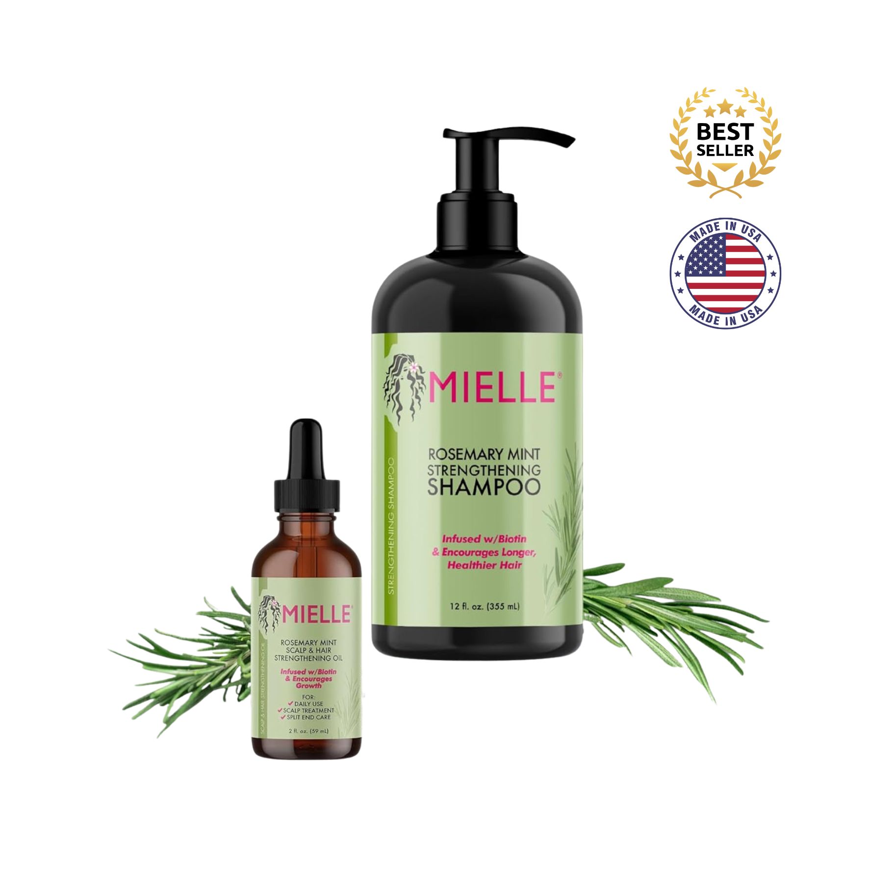 MIELLE – Coffret Fortifiant Romarin & Menthe  Shampooing 355 ml + Huile Fortifiante Cuir Chevelu et Cheveux 59 ml – Coffret Cadeau