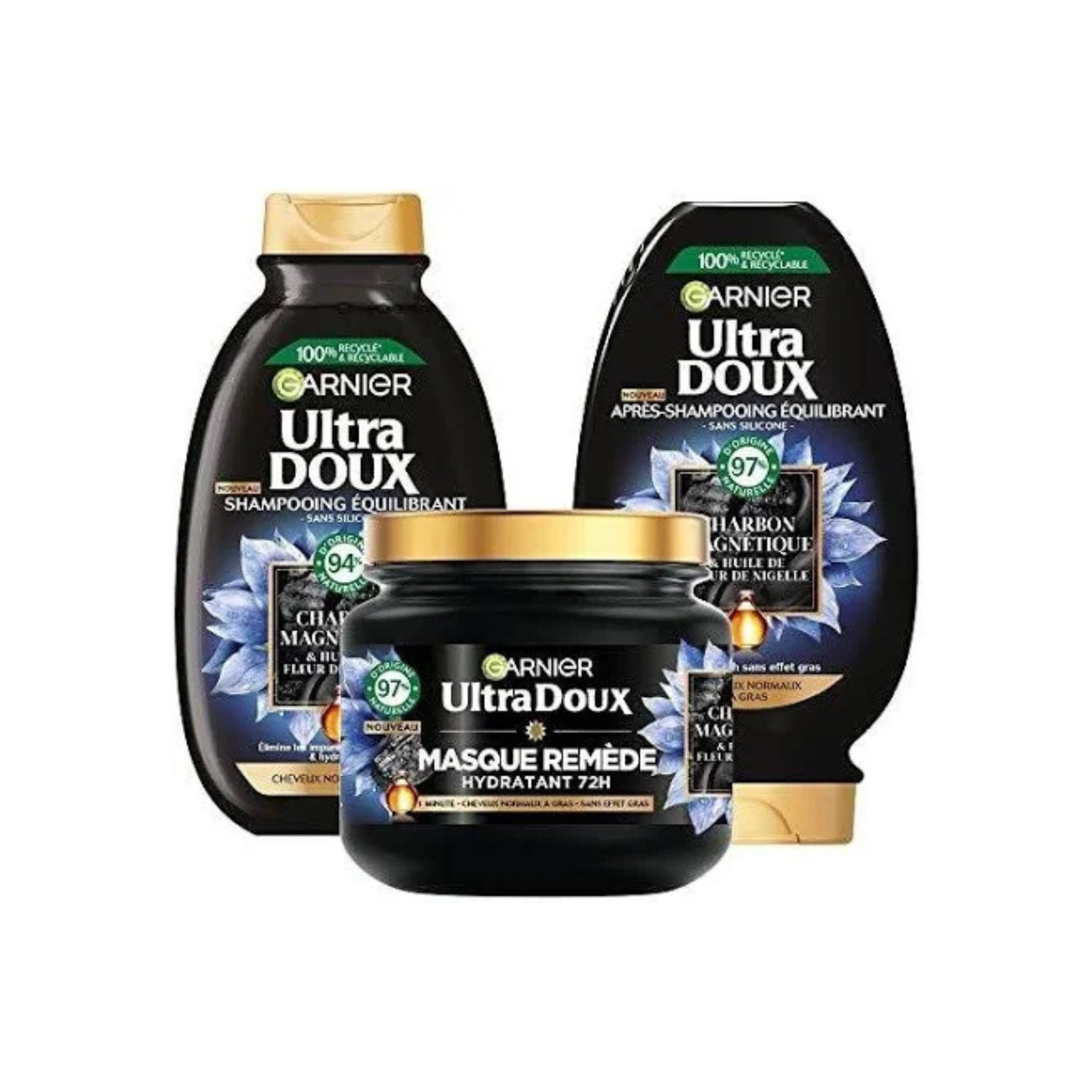 Garnier Ultra Doux Coffret Routine Charbon Magnétique & Huile de Fleur de Nigelle – Shampooing, Après-shampooing & Masque – Cheveux normaux à gras