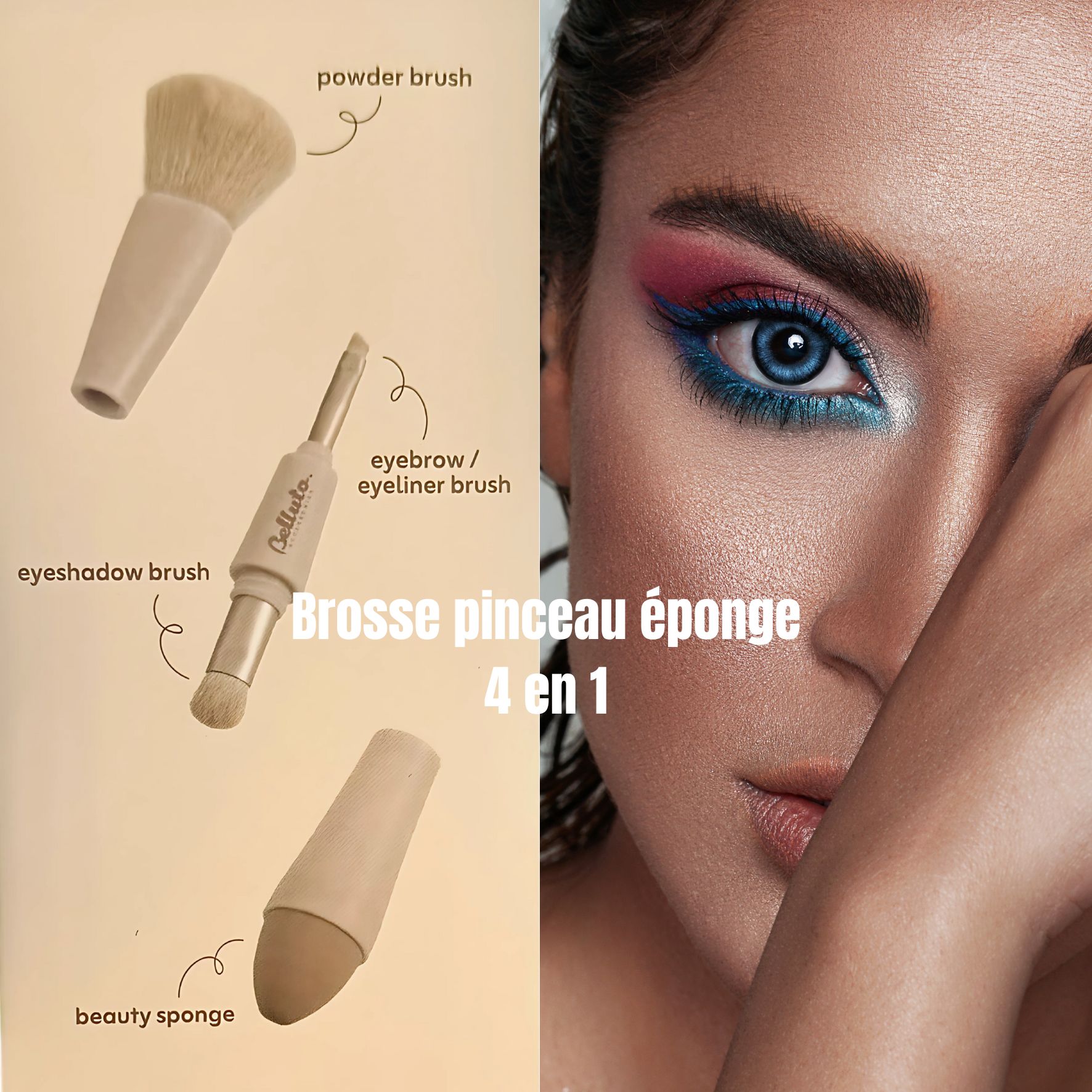 Pinceau Maquillage 4-en-1 Belluto Accessories – Poudre, Eyeliner, Ombre à paupières & Éponge – Compact et nomade