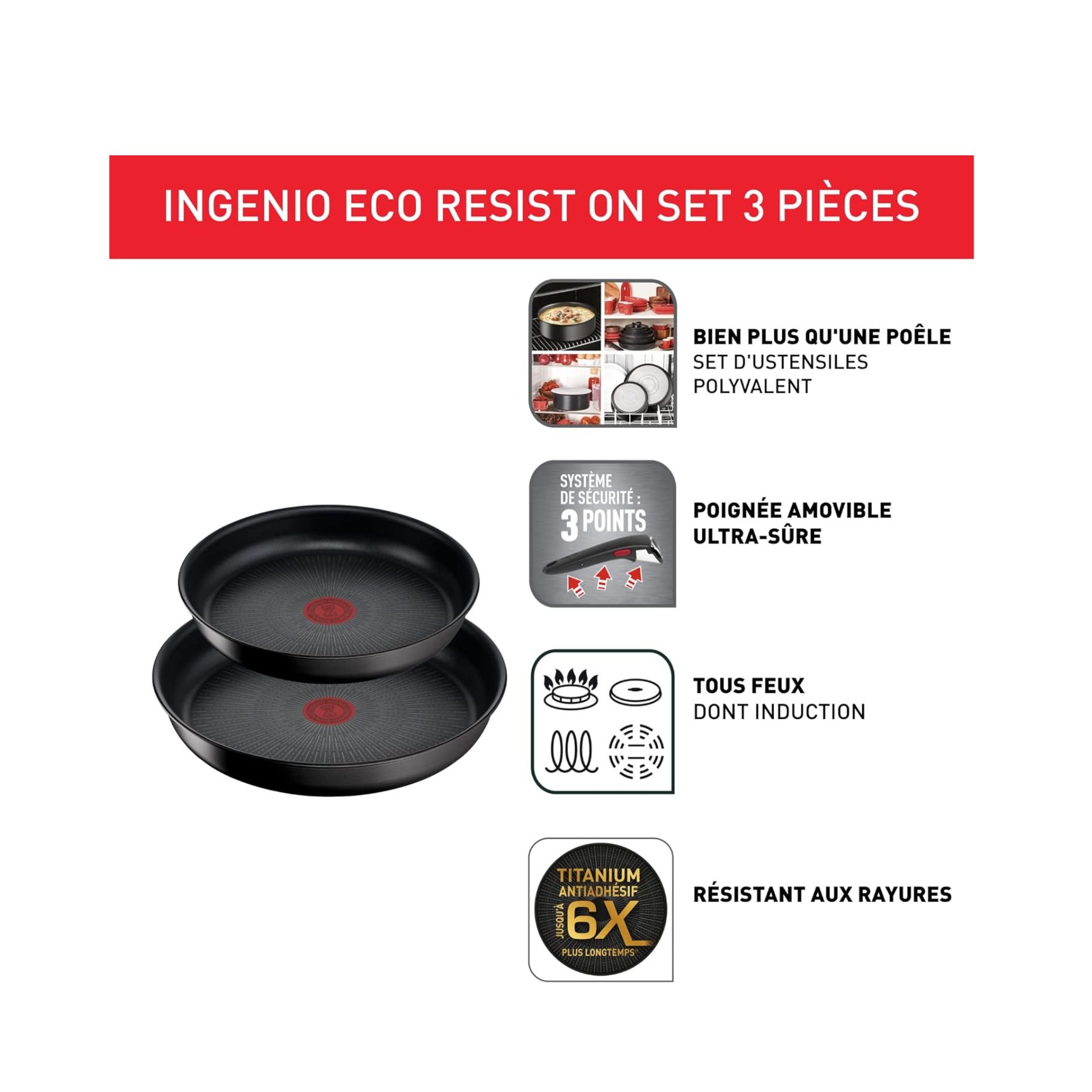 Tefal Ingenio – Lot de 2 Poêles + Poignée Amovible – Induction – Revêtement Antiadhésif