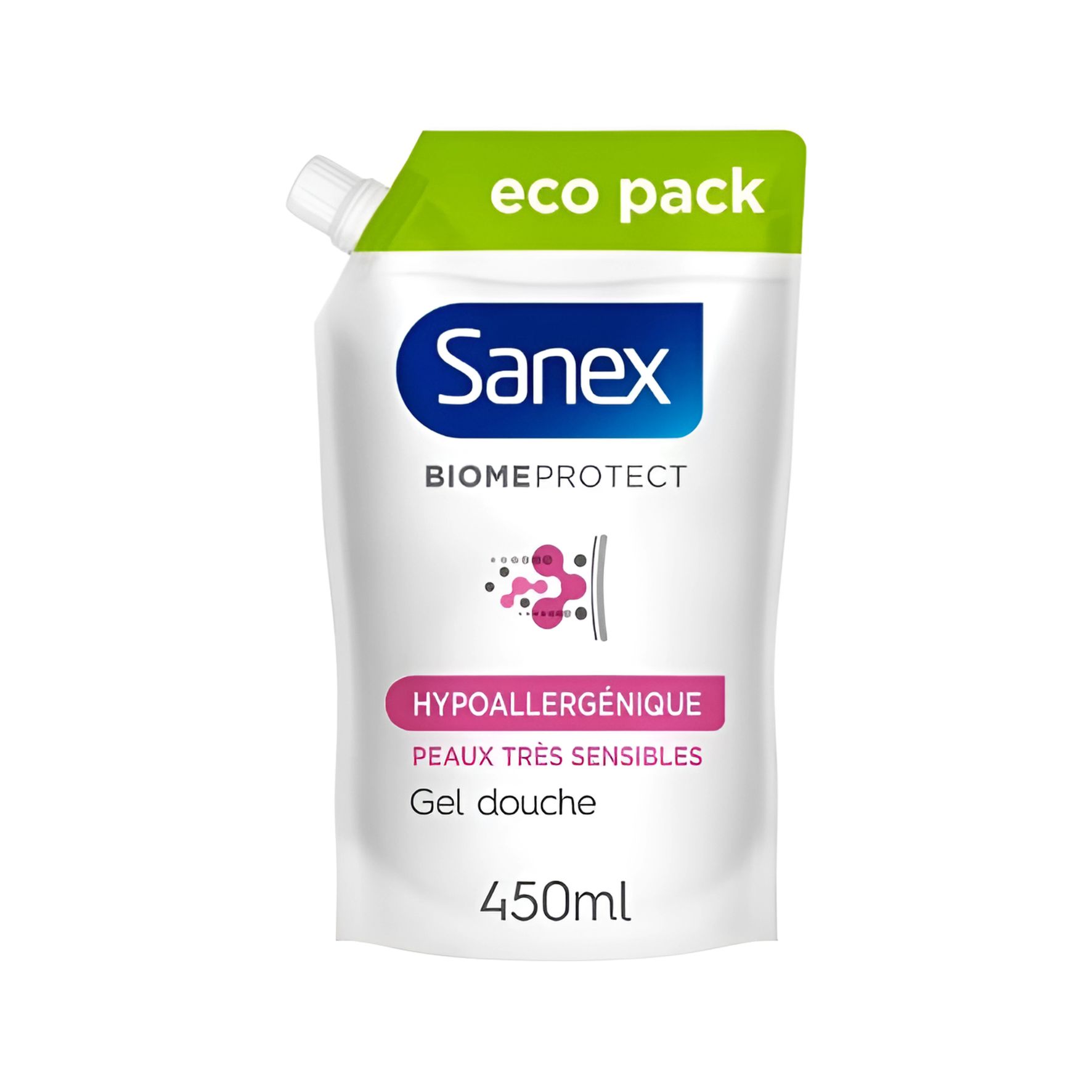 Sanex BiomeProtect Gel Douche Hypoallergénique Recharge Eco Pack 450 ml – Peaux très sensibles, prébiotiques & postbiotiques, –73 % plastique