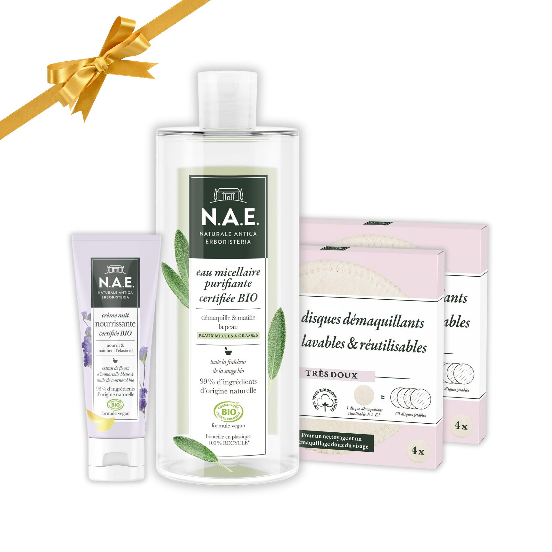 Coffret Beauté Bio N.A.E. – Eau Micellaire 500 ml + Crème Nuit 50 ml + 8 Disques Démaquillants Lavables