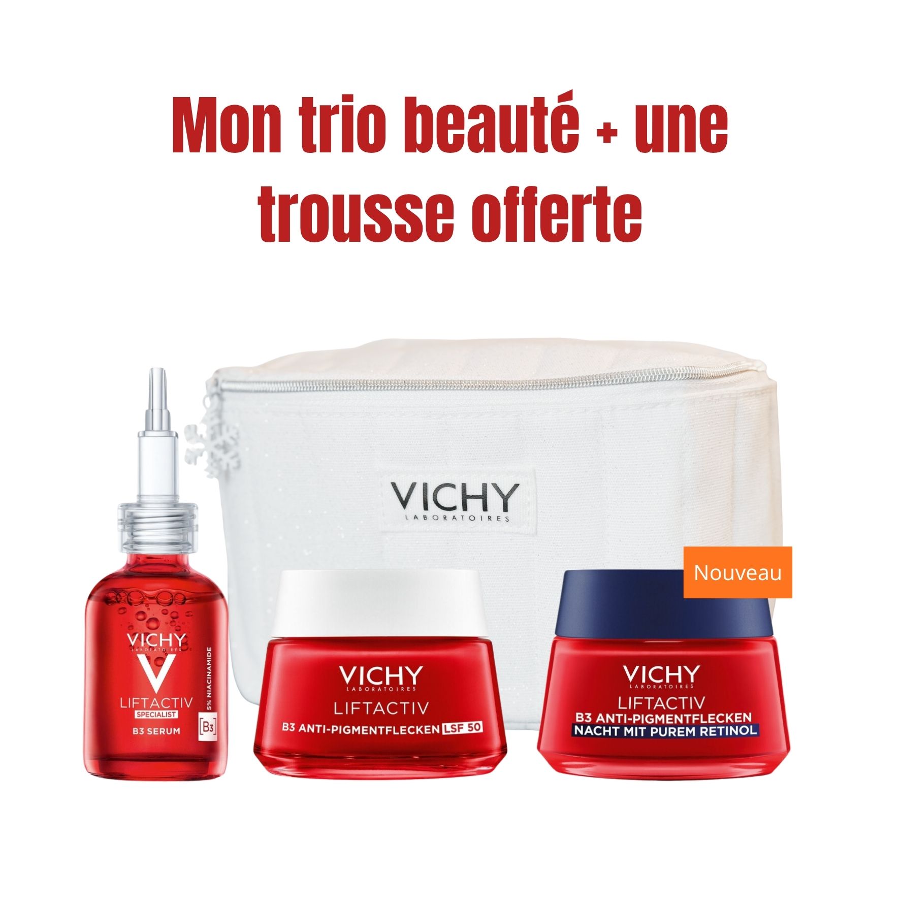 Mon Trio Beauté Vichy Liftactiv B3 – Sérum 30 ml + Crème Jour 50 ml SPF 50 + Crème Nuit 50 ml + Trousse pailletée blanche offerte