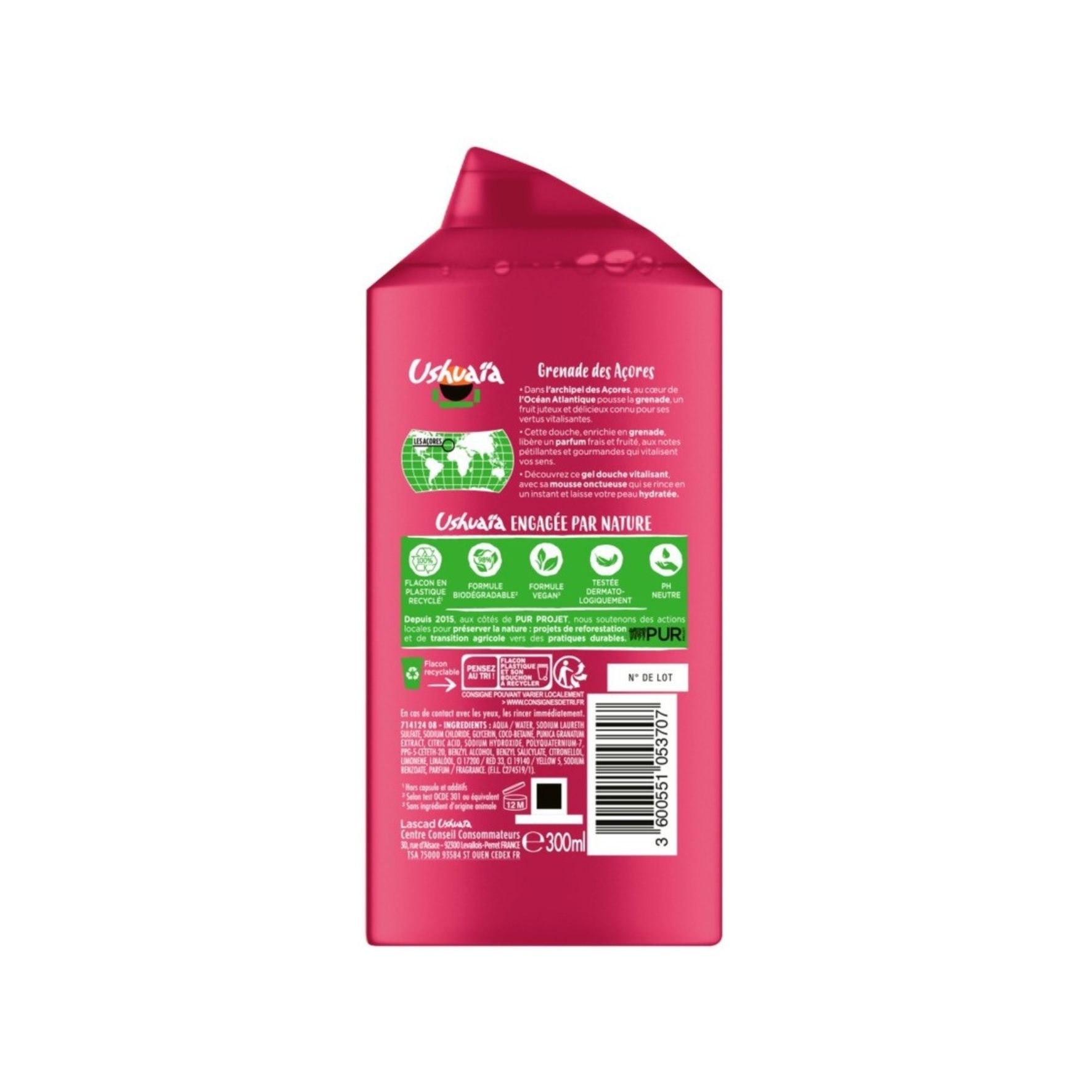 Ushuaïa Gel Douche Grenade du Maroc 300 ml – Vitalisant, hydratant, parfum fruité & vegan