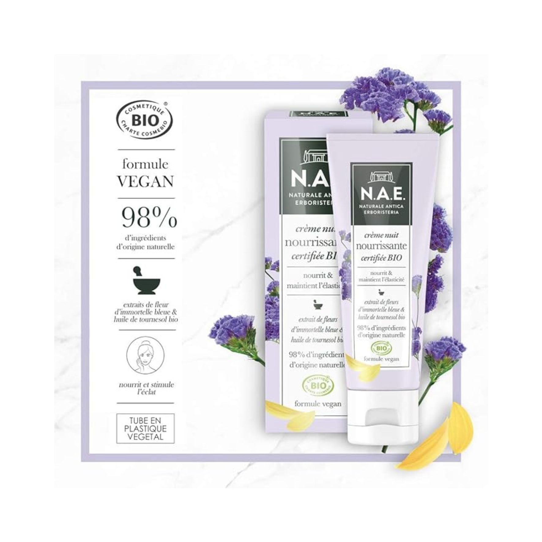 N.A.E. Crème Nuit Nourrissante Visage – Certifiée Bio - 50 ml - huile de tournesol bio et et extrait de fleurs d’immortelle bleue