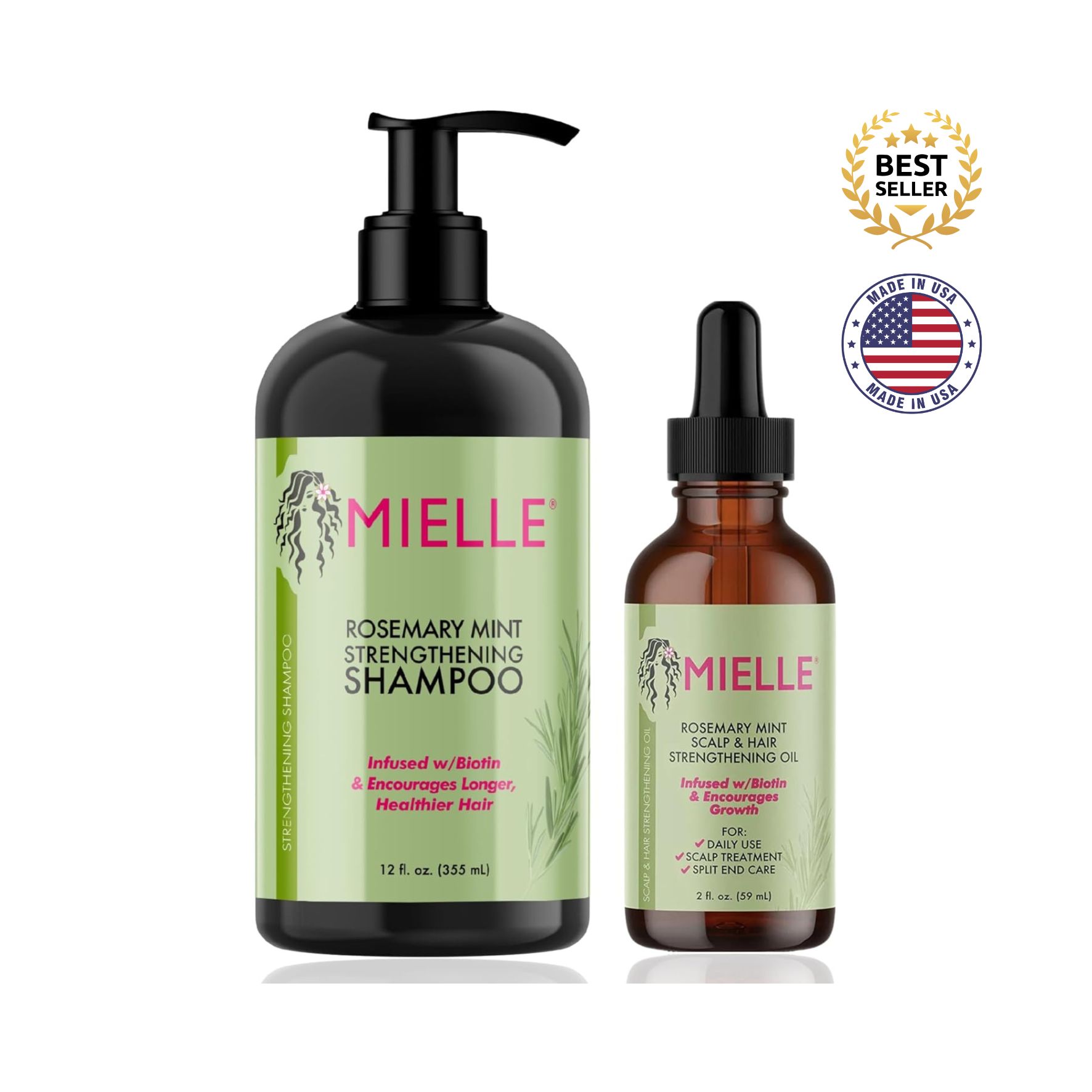 MIELLE – Coffret Fortifiant Romarin & Menthe Shampooing 355 ml + Huile Fortifiante Cuir Chevelu et Cheveux 59 ml – Coffret Cadeau