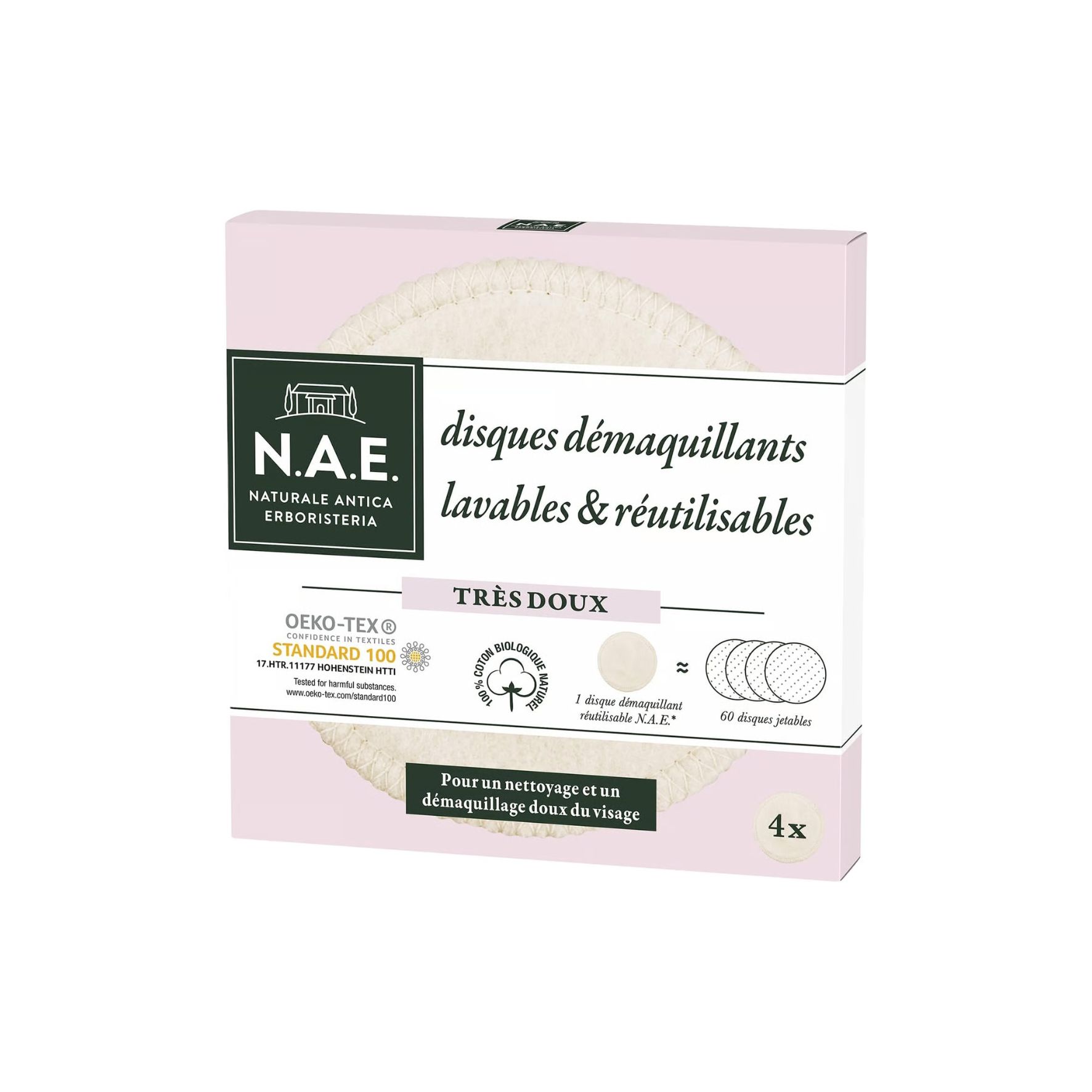 N.A.E. 4 Disques démaquillants Lavables Visage - Cotons réutilisables - 100% Coton Biologique