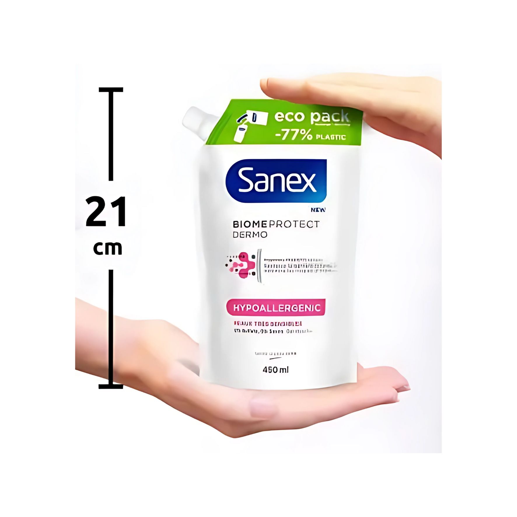 Sanex BiomeProtect Gel Douche Hypoallergénique Recharge Eco Pack 450 ml – Peaux très sensibles, prébiotiques & postbiotiques, –73 % plastique