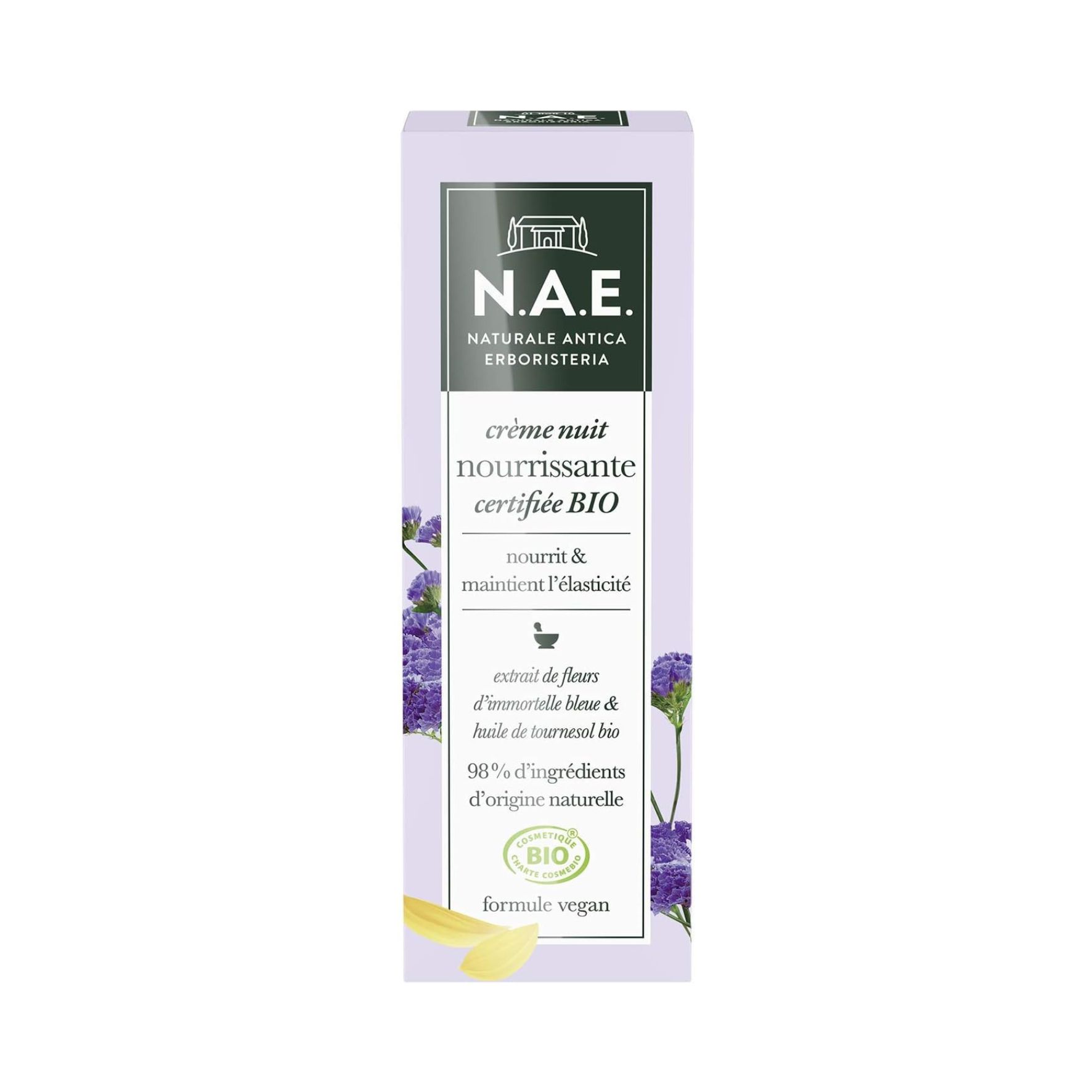 N.A.E. Crème Nuit Nourrissante Visage – Certifiée Bio - 50 ml - huile de tournesol bio et et extrait de fleurs d’immortelle bleue