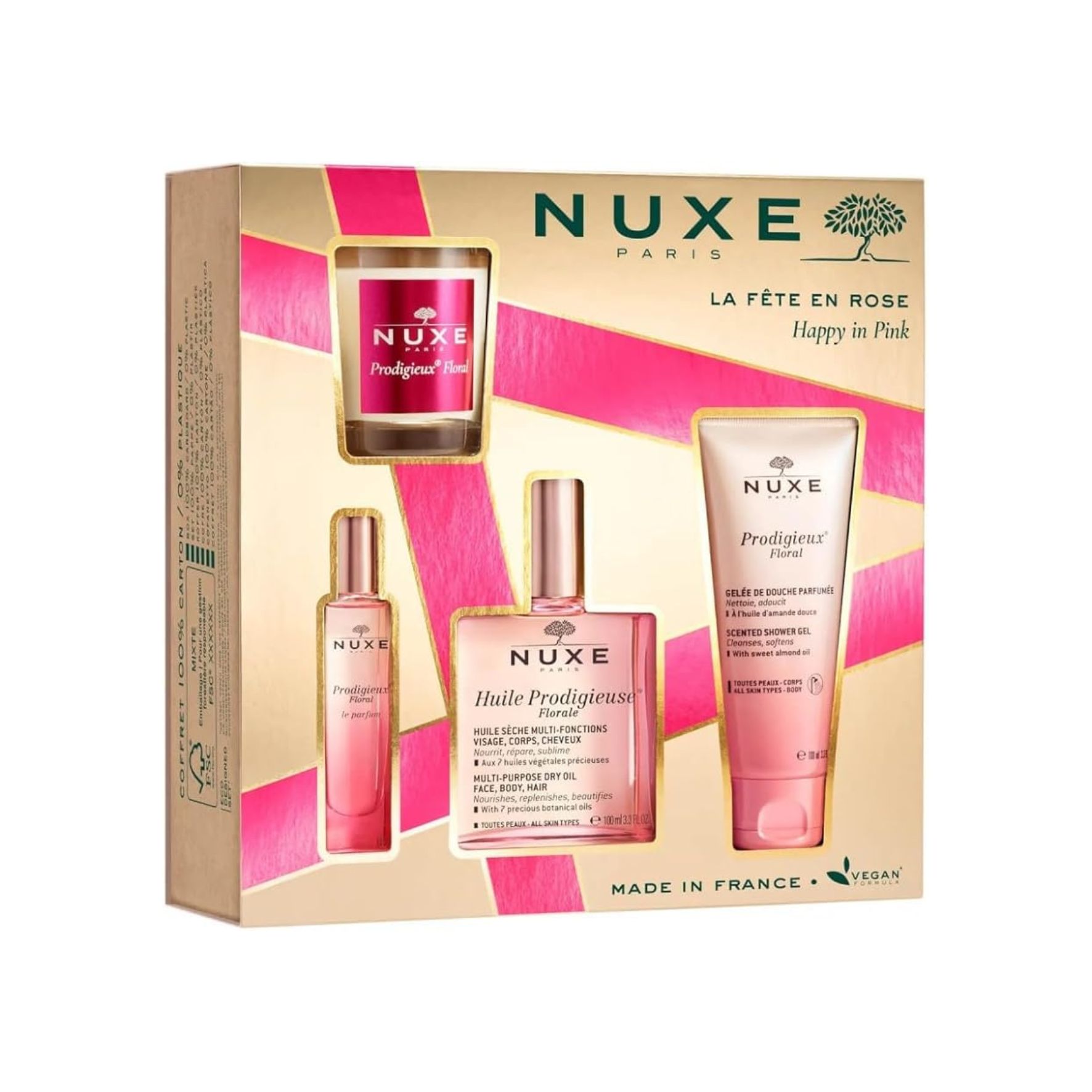 Nuxe coffret « La Fête en Rose » – Huile Prodigieuse Florale 100 ml + Parfum 15 ml + Gelée de Douche 100 ml + Bougie d’intérieur 70g