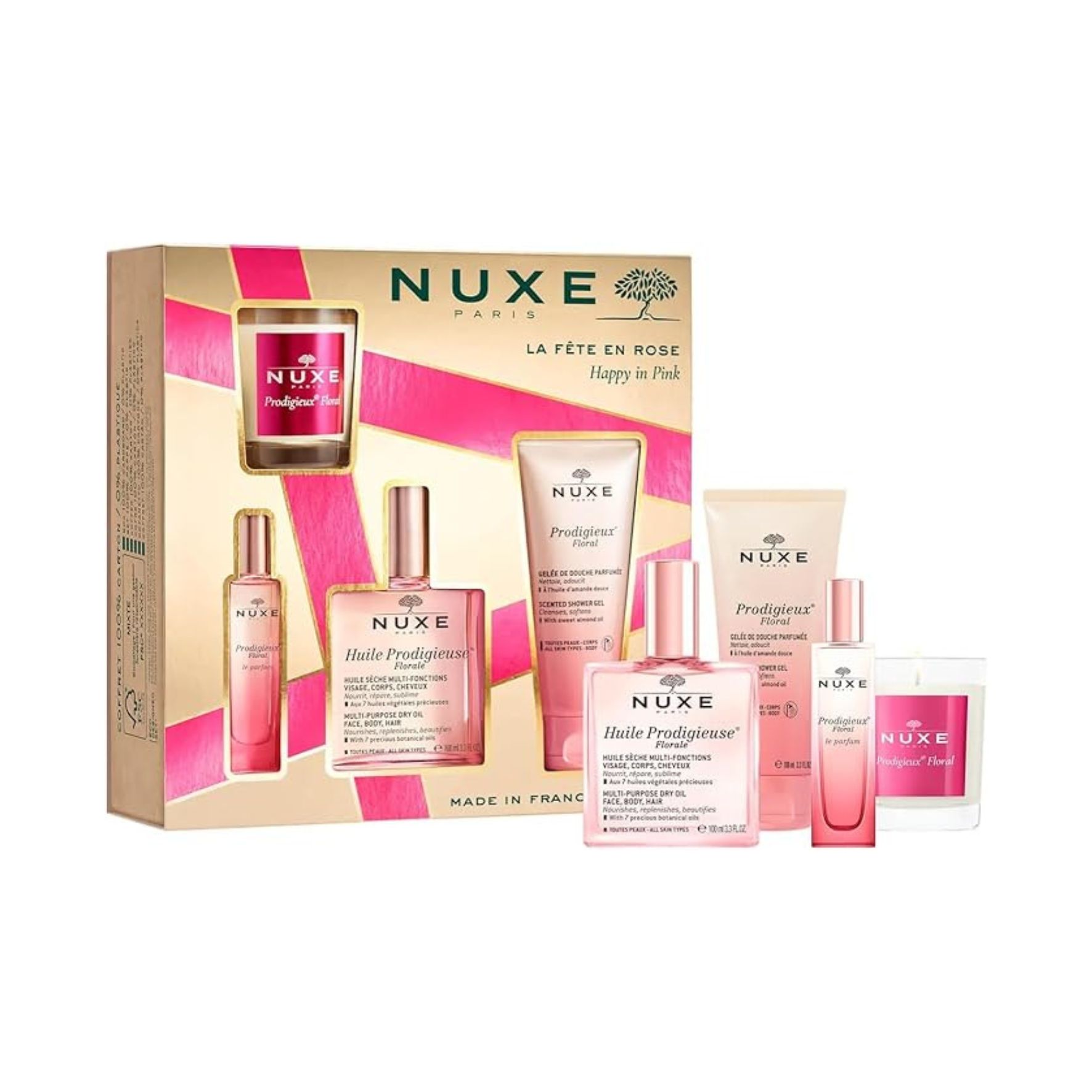 Nuxe coffret « La Fête en Rose » – Huile Prodigieuse Florale 100 ml + Parfum 15 ml + Gelée de Douche 100 ml + Bougie d’intérieur 70g