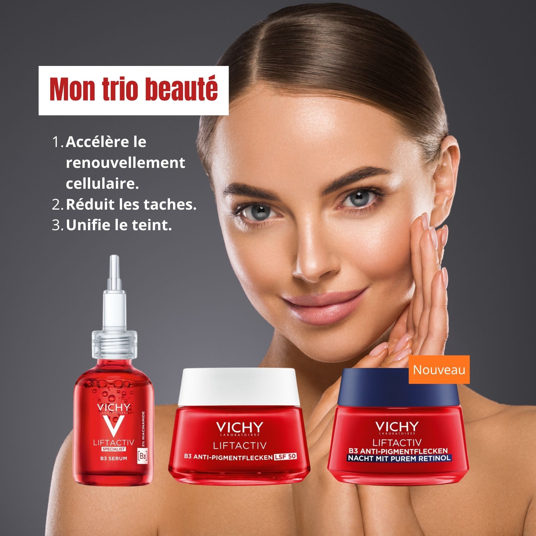 Mon Trio Beauté Vichy Liftactiv B3 – Sérum 30 ml + Crème Jour 50 ml SPF 50 + Crème Nuit 50 ml + Trousse pailletée blanche offerte