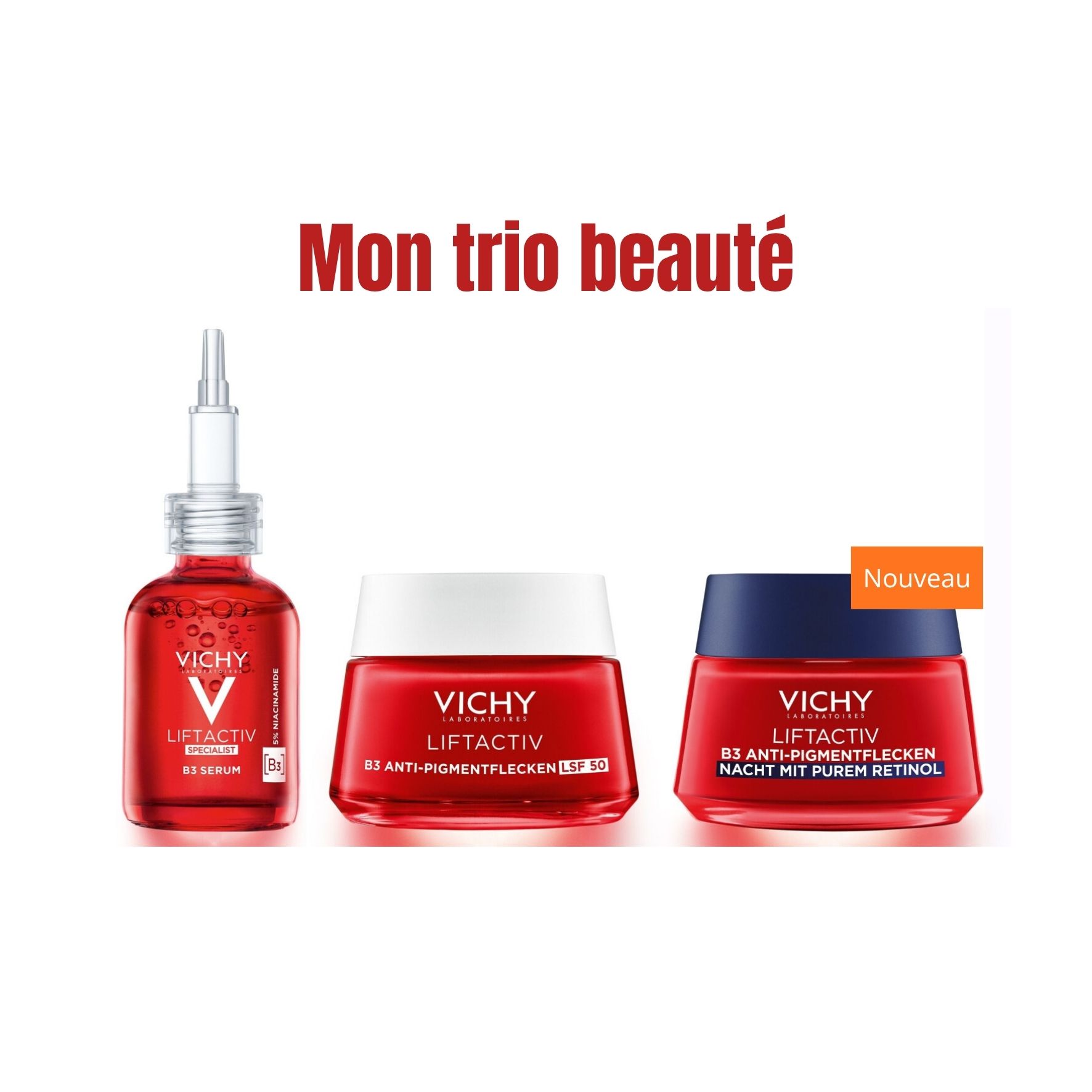 Mon Trio Beauté Vichy Liftactiv B3 – Sérum 30 ml + Crème Jour 50 ml SPF 50 + Crème Nuit 50 ml + Trousse pailletée blanche offerte