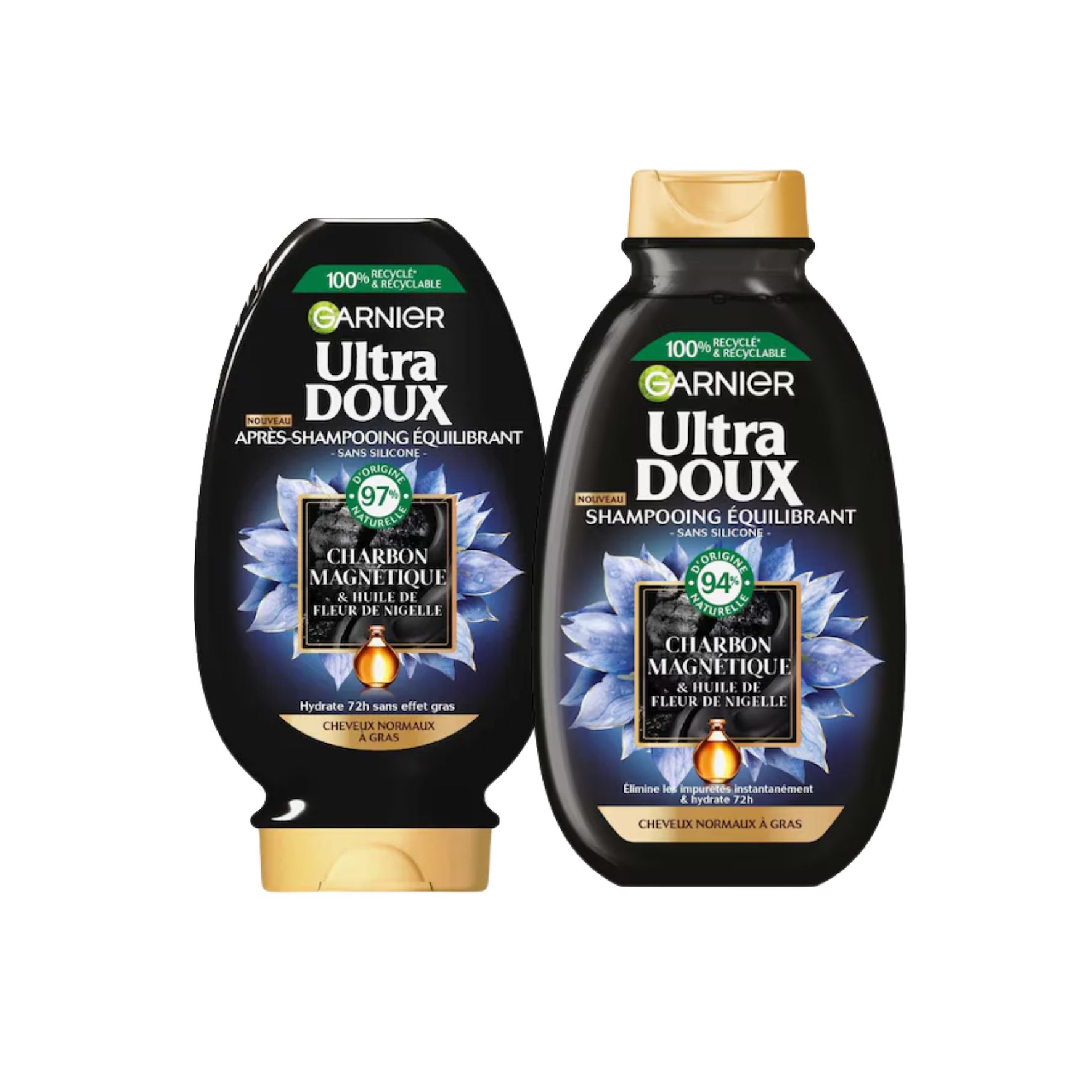 Garnier Ultra Doux Lot – Shampooing + Après-Shampooing Charbon Magnétique & Huile de Fleur de Nigelle – Purifiant & Nourrissant pour cheveux normaux à gras