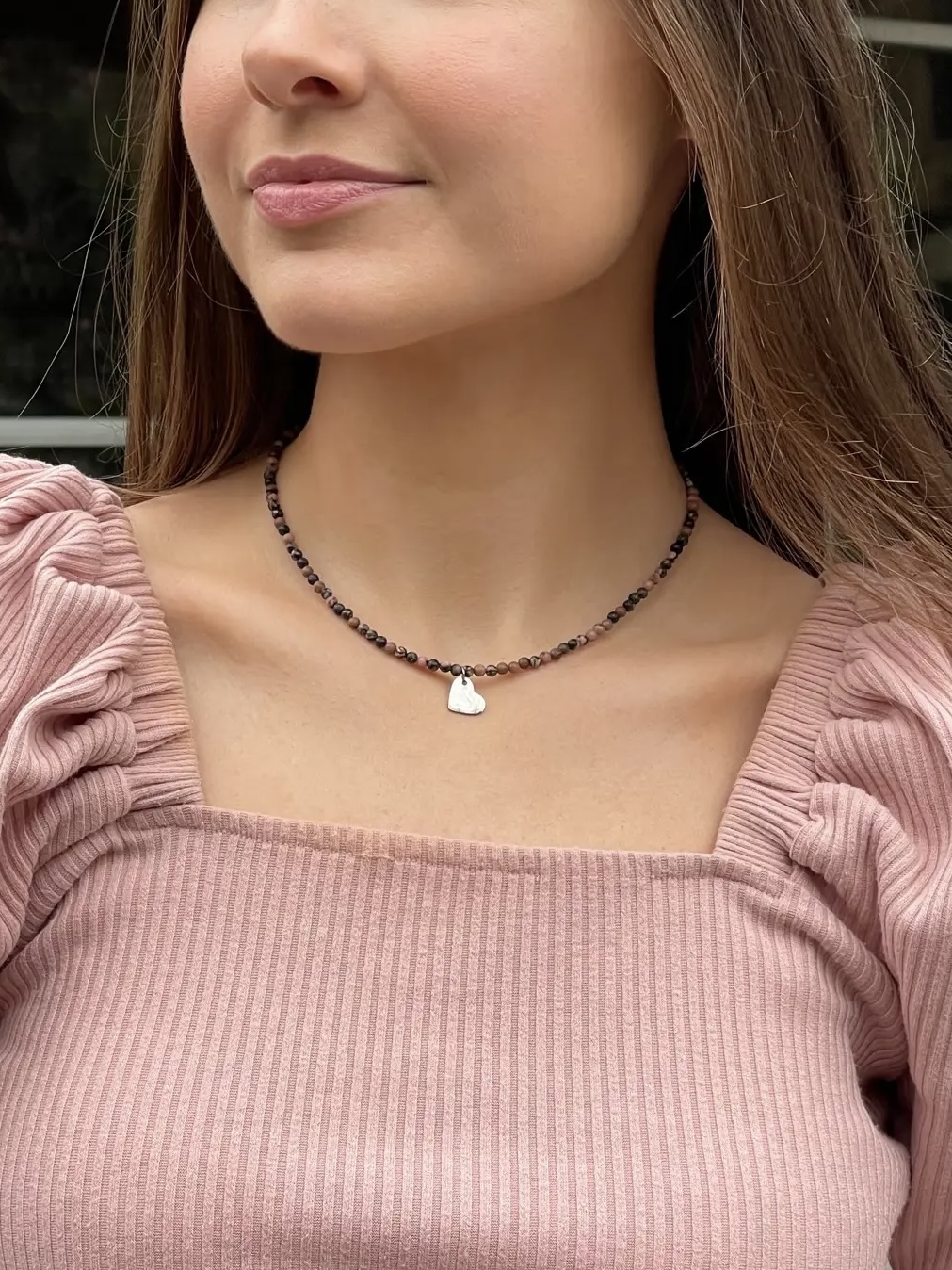 Rodonito vėrinys su širdele, 3 mm