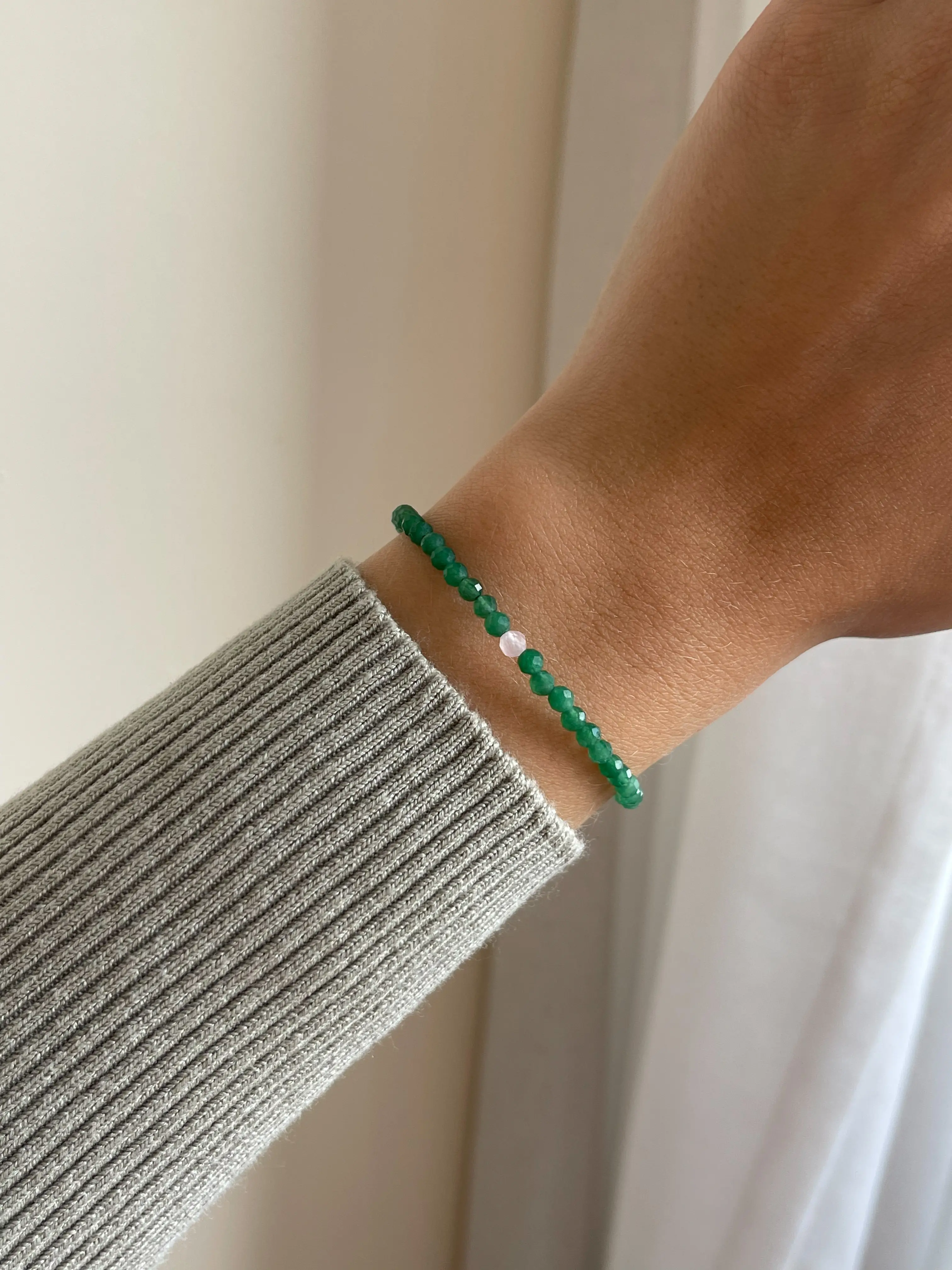 Žalio avantiurino apyrankė su rožiniu kvarcu, 3 mm briaunuota