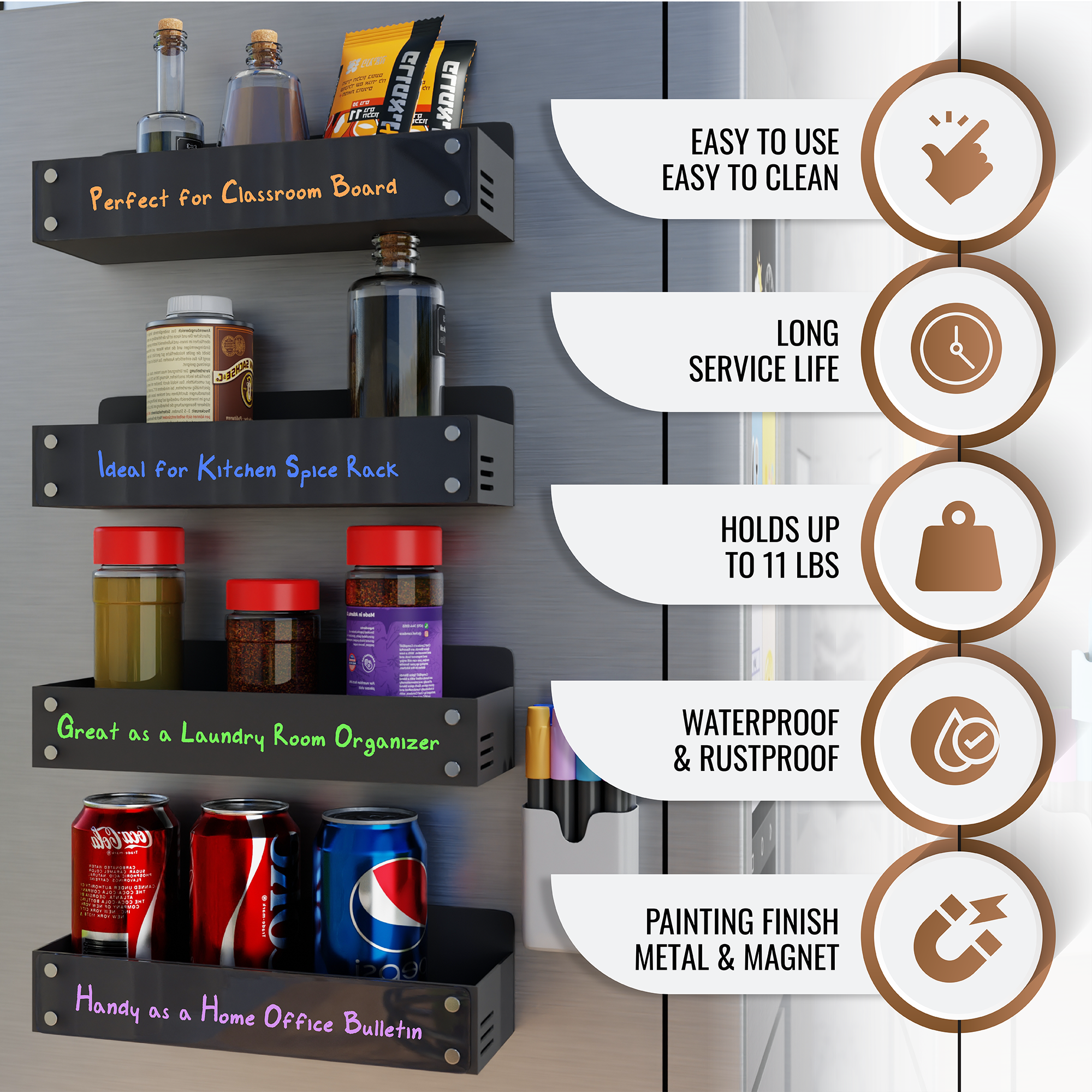 PÜRDESIGN Magnetic Spice Rack for Refrigerator - Set of 4 Steel Magnetic Shelves - Premium Fridge Magnet Organizer with Clear Acrylic Front Board - Includes 6 Wet Markers, Pen Box & Wipe