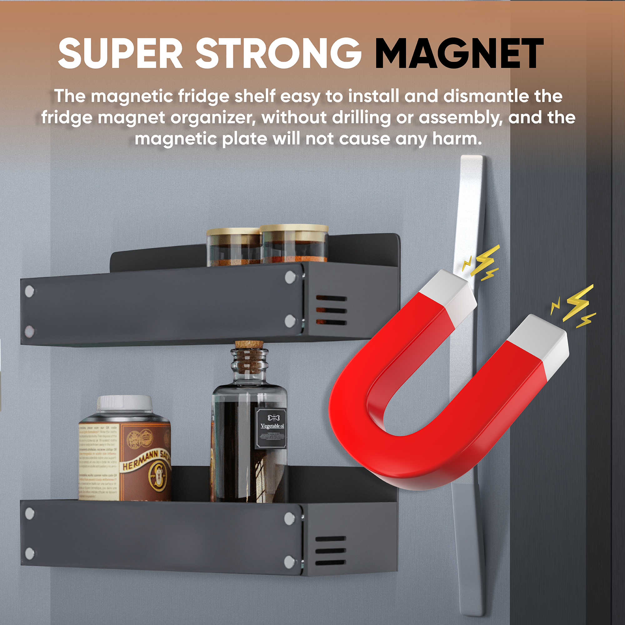 PÜRDESIGN Magnetic Spice Rack for Refrigerator - Set of 4 Steel Magnetic Shelves - Premium Fridge Magnet Organizer with Clear Acrylic Front Board - Includes 6 Wet Markers, Pen Box & Wipe