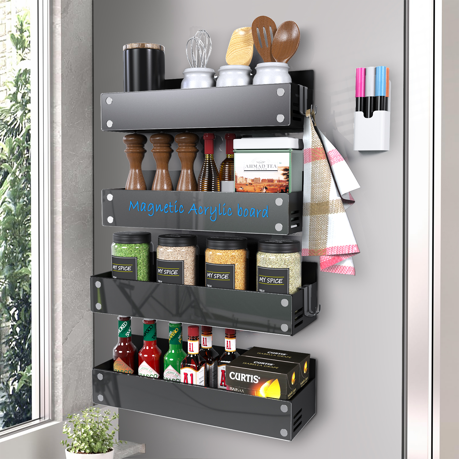 PÜRDESIGN Magnetic Spice Rack for Refrigerator - Set of 4 Steel Magnetic Shelves - Premium Fridge Magnet Organizer with Clear Acrylic Front Board - Includes 6 Wet Markers, Pen Box & Wipe