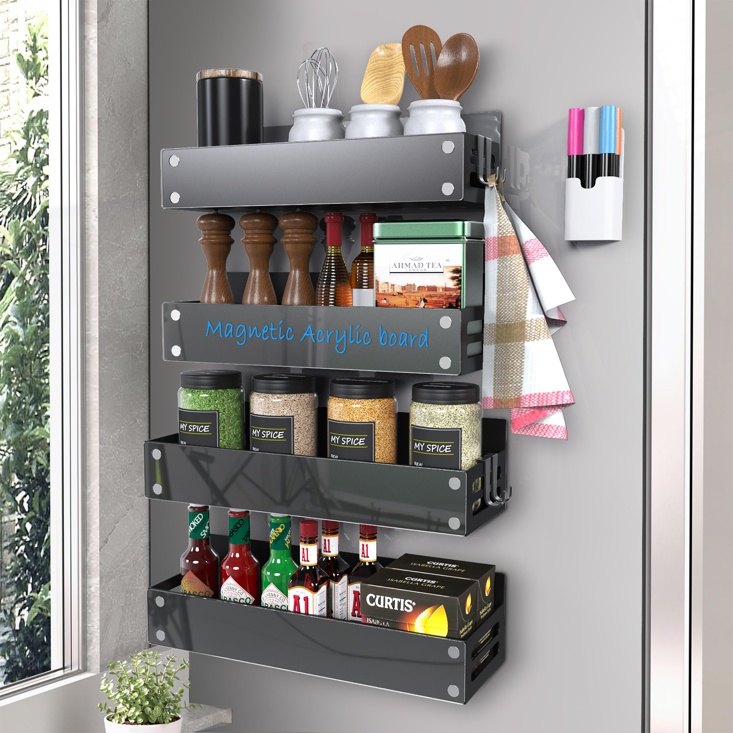 PÜRDESIGN Magnetic Spice Rack for Refrigerator - Set of 4 Steel Magnetic Shelves - Premium Fridge Magnet Organizer with Clear Acrylic Front Board - Includes 6 Wet Markers, Pen Box & Wipe
