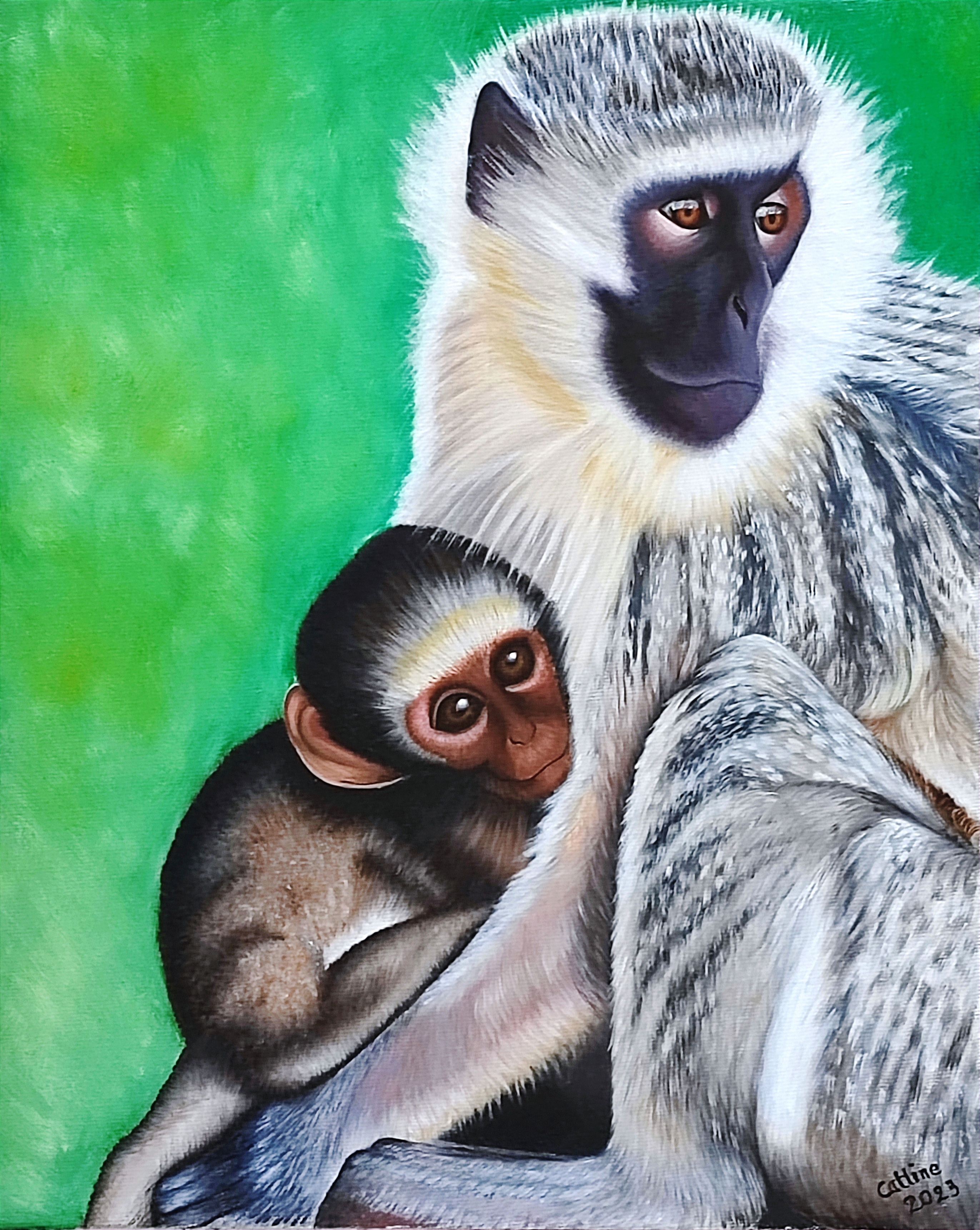 Singe vervet bleu et son bébé 41X33cm