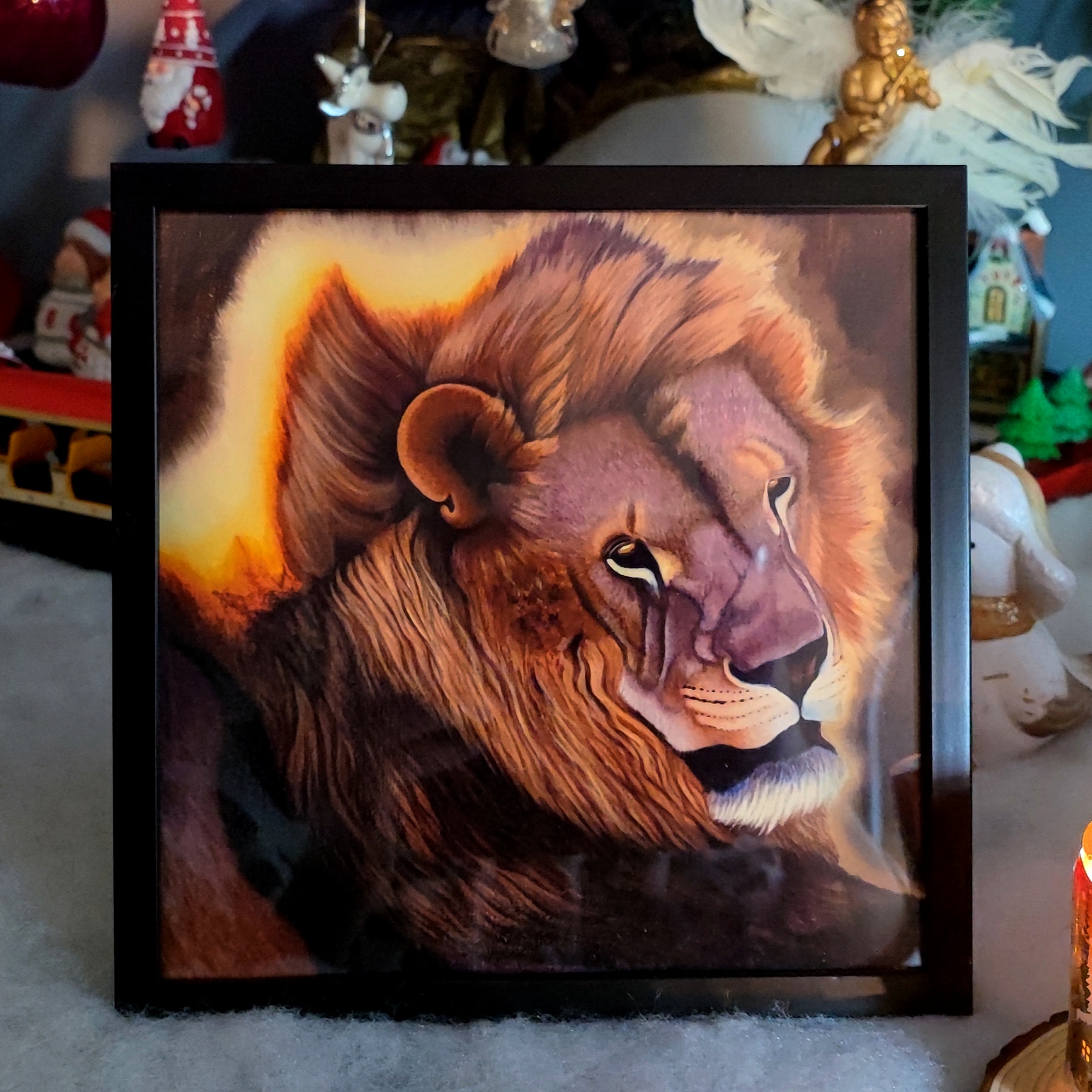 Reproduction encadrée d'après la toile originale " Lion d'Afrique du Sud II" 20X20cm