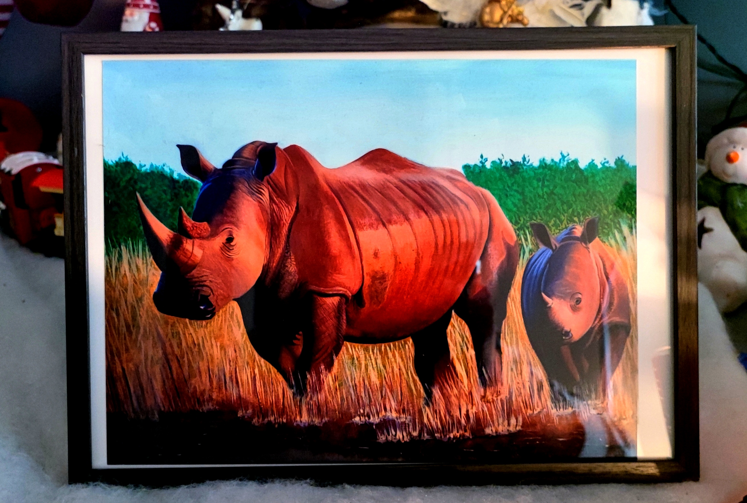 Reproduction encadrée d'après la toile originale " Rhinocéros d'Afrique du Sud" 20X30cm