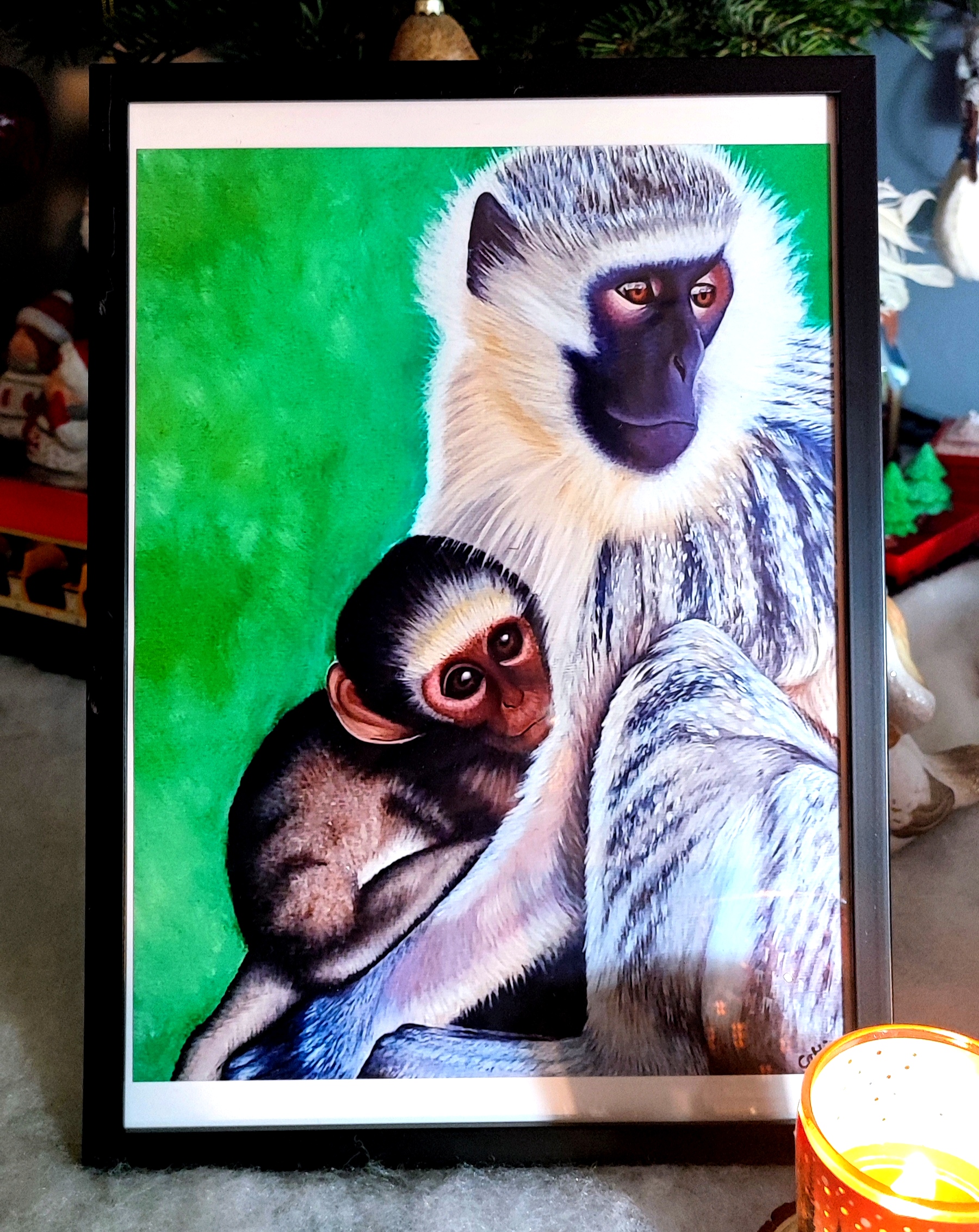 Reproduction encadrée d'après la toile originale " Singe Vervet Bleu et son Bébé" 20X30cm
