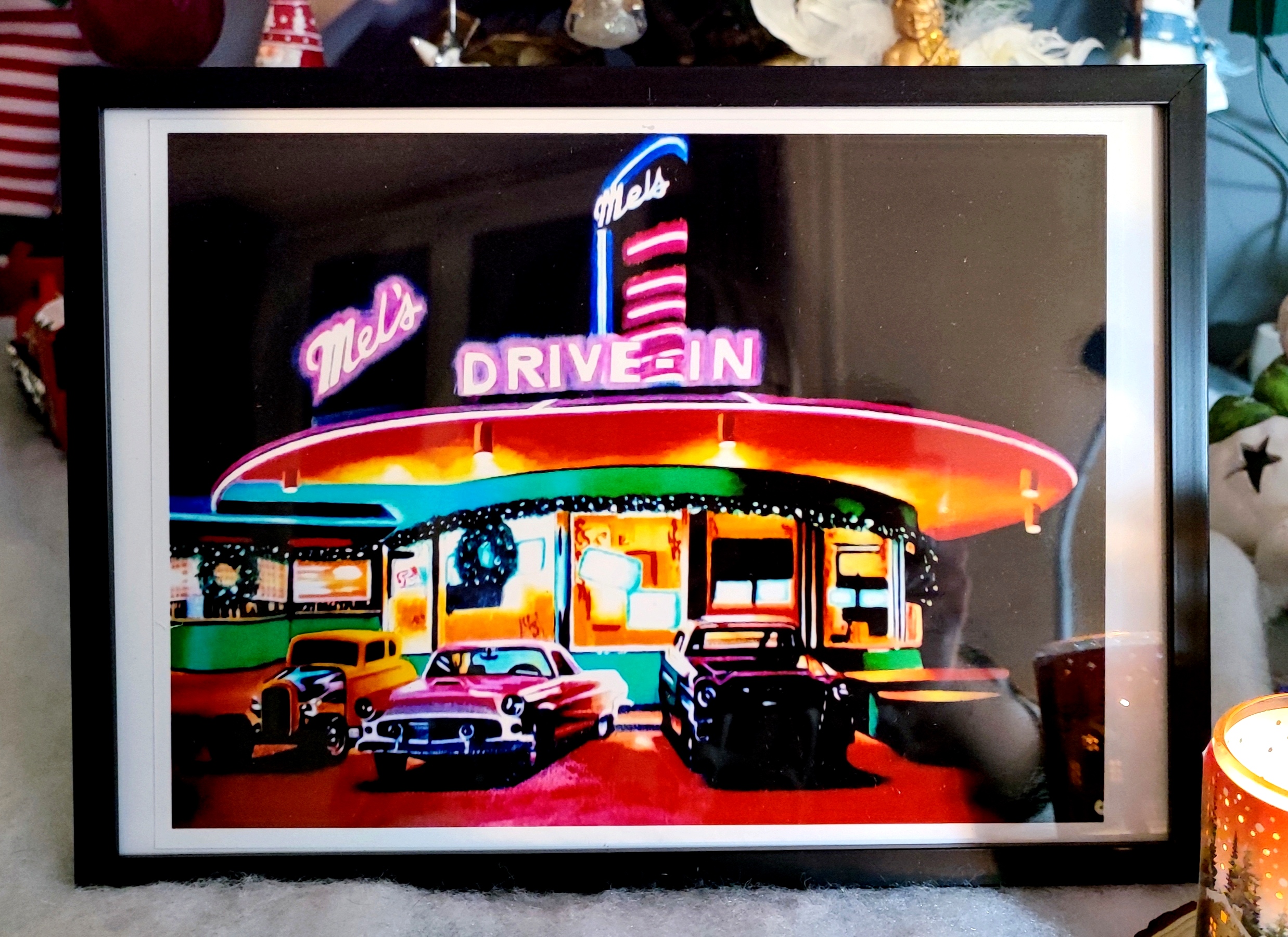 Reproduction encadrée d'après la toile originale "Drive In" 20X30cm