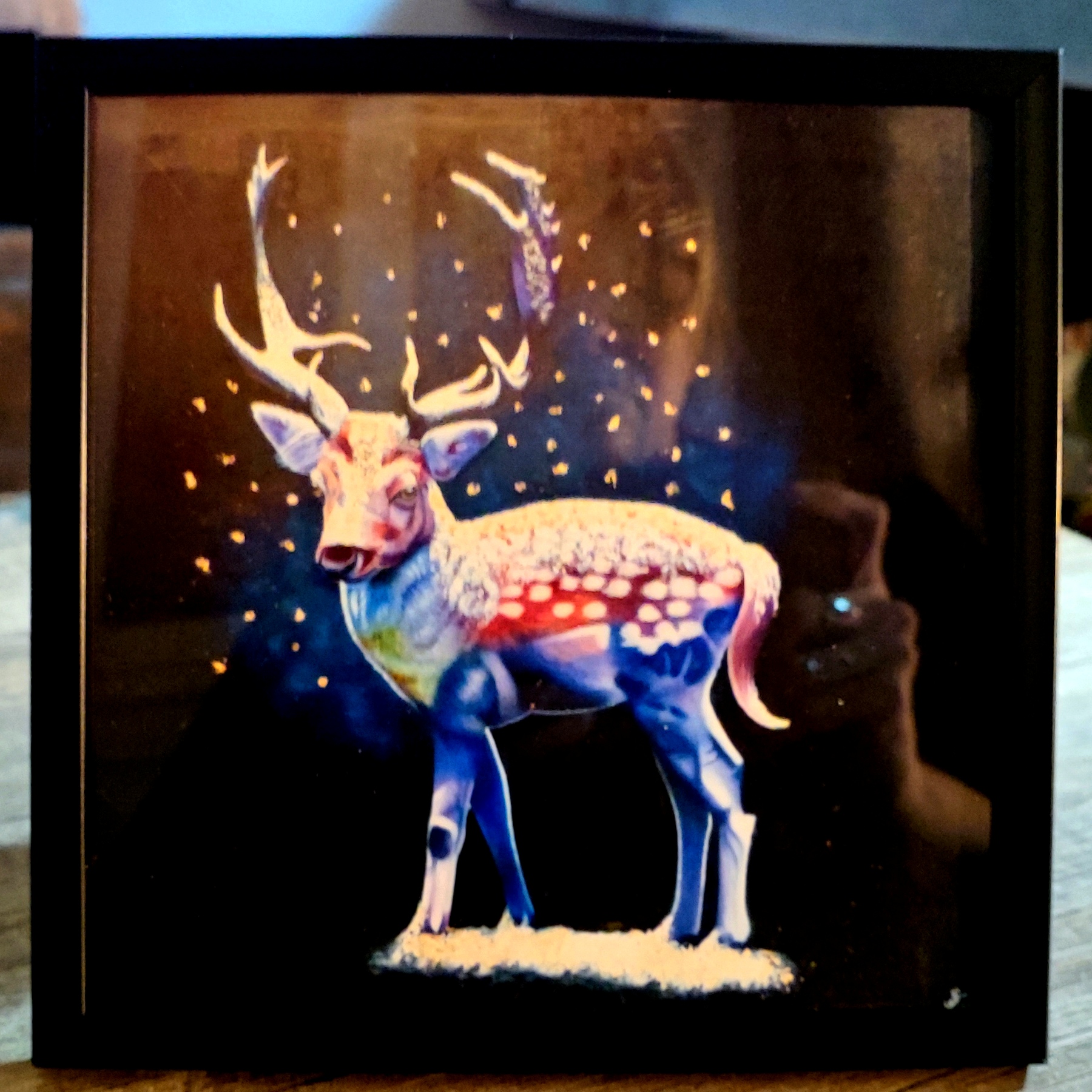 Reproduction encadrée d'après la toile originale "Cerf d'Hiver" 20X20cm