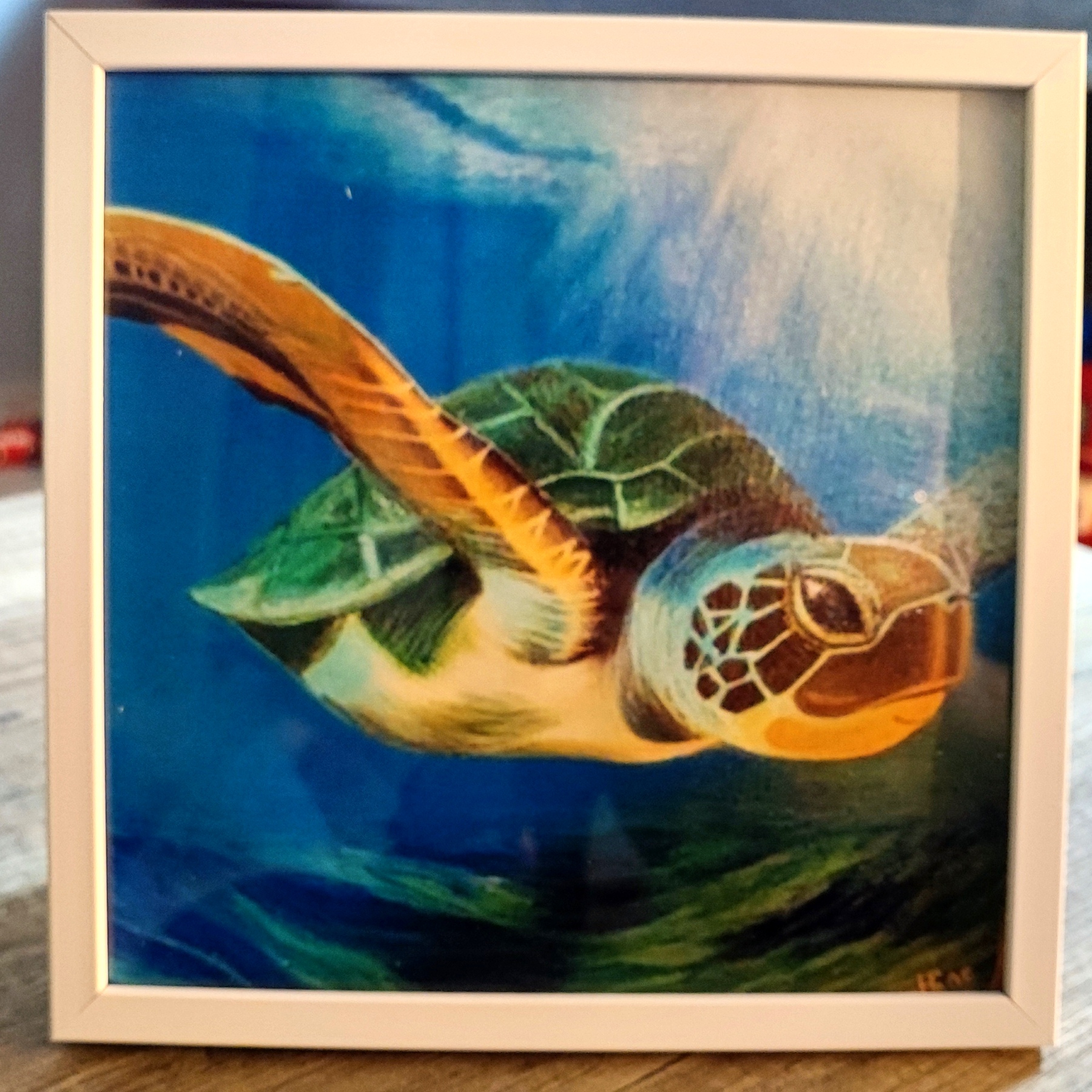 Reproduction encadrée d'après la toile originale "Tortue" 20X20cm 