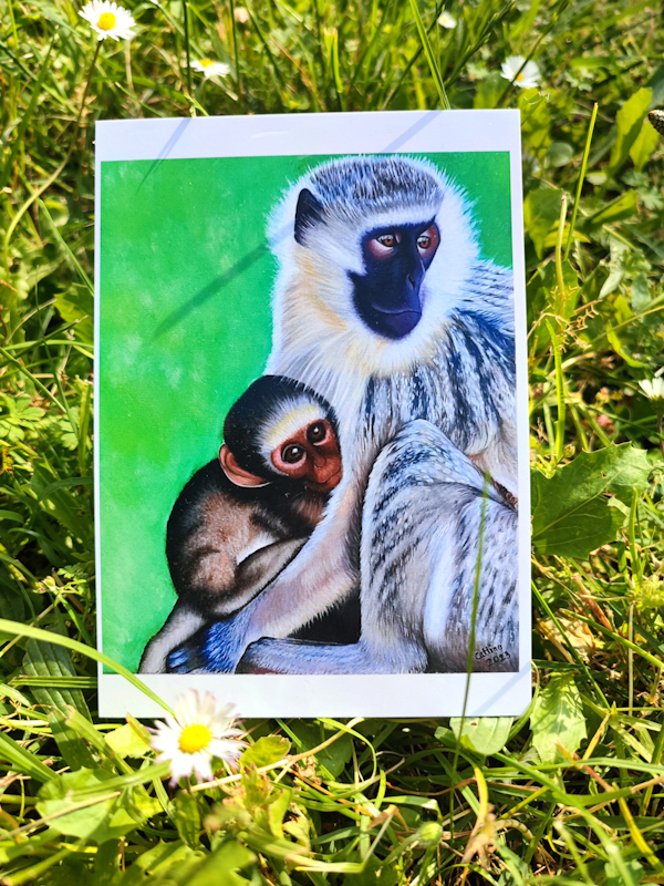 Carte postale d'après la toile originale "Singe Vervet Bleu et son Bébé"
