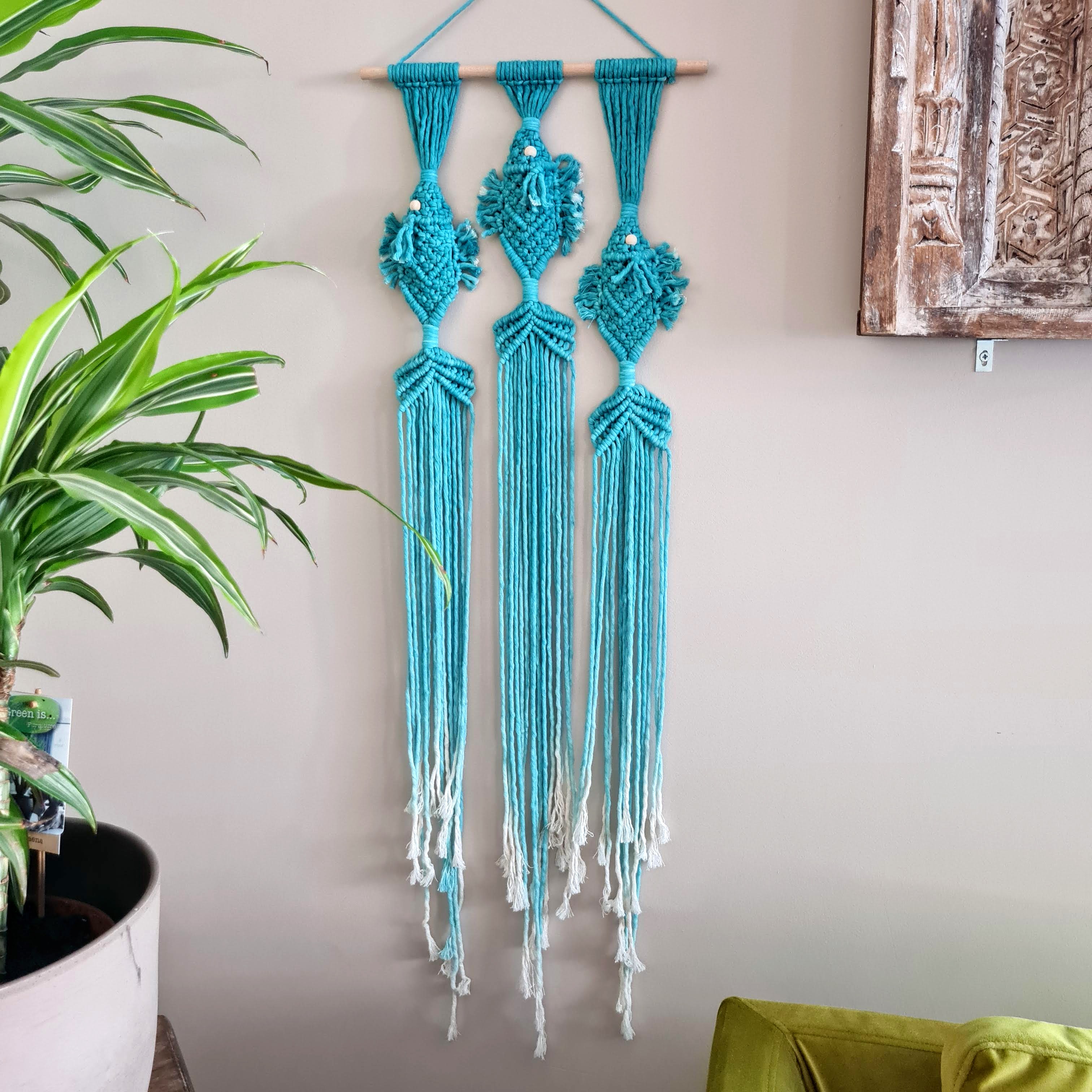 Turquoise Ombre Fish Macrame Wall Hanging