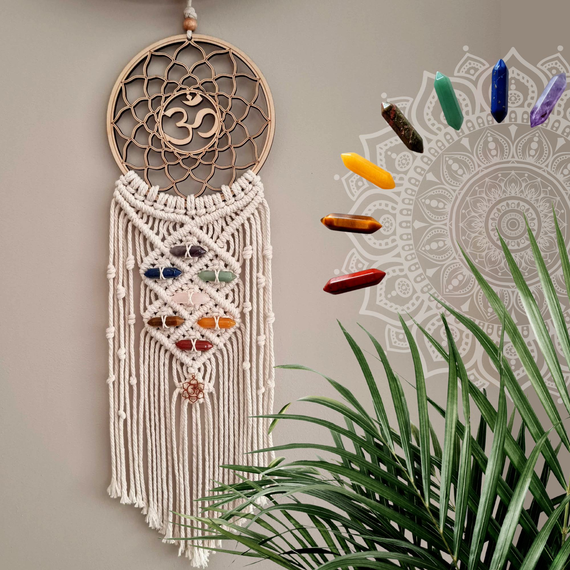 Chakra Dreamcatcher, Chakra Macrame Wall Hanging with 7 chakra crystals, Removable chakra stones