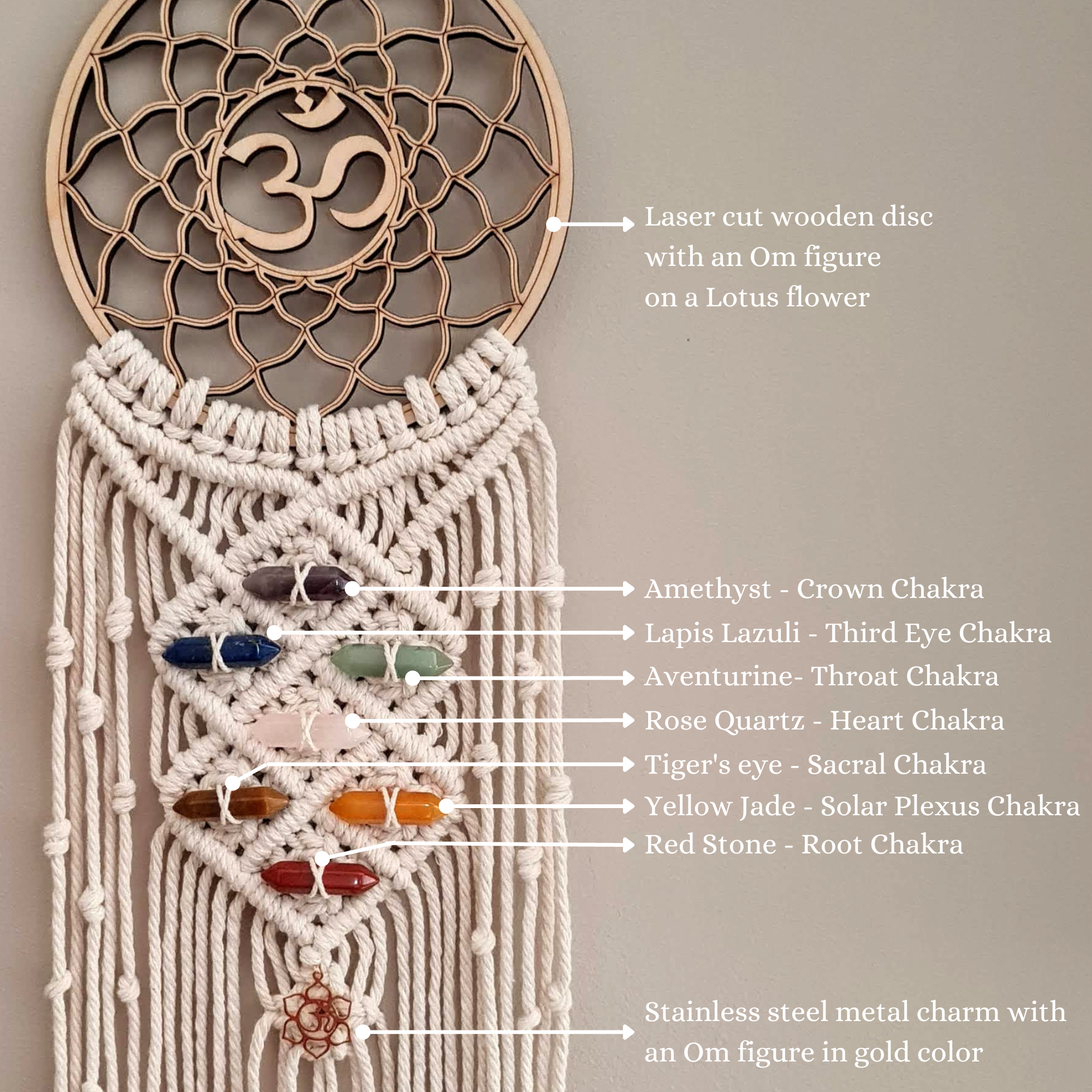 Chakra Dreamcatcher, Chakra Macrame Wall Hanging with 7 chakra crystals, Removable chakra stones