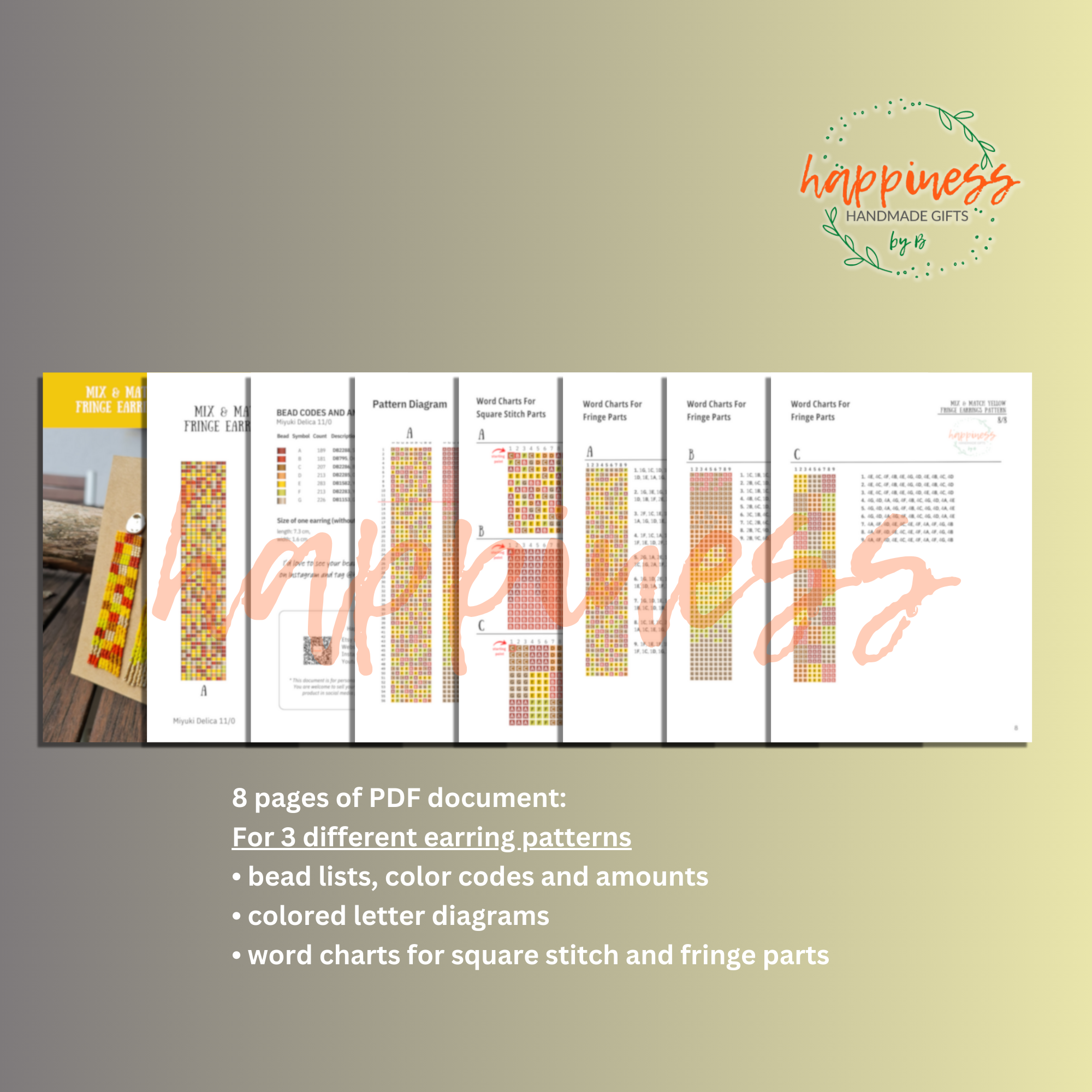 Fringe Earrings Pattern Set with Word Chart, YELLOW