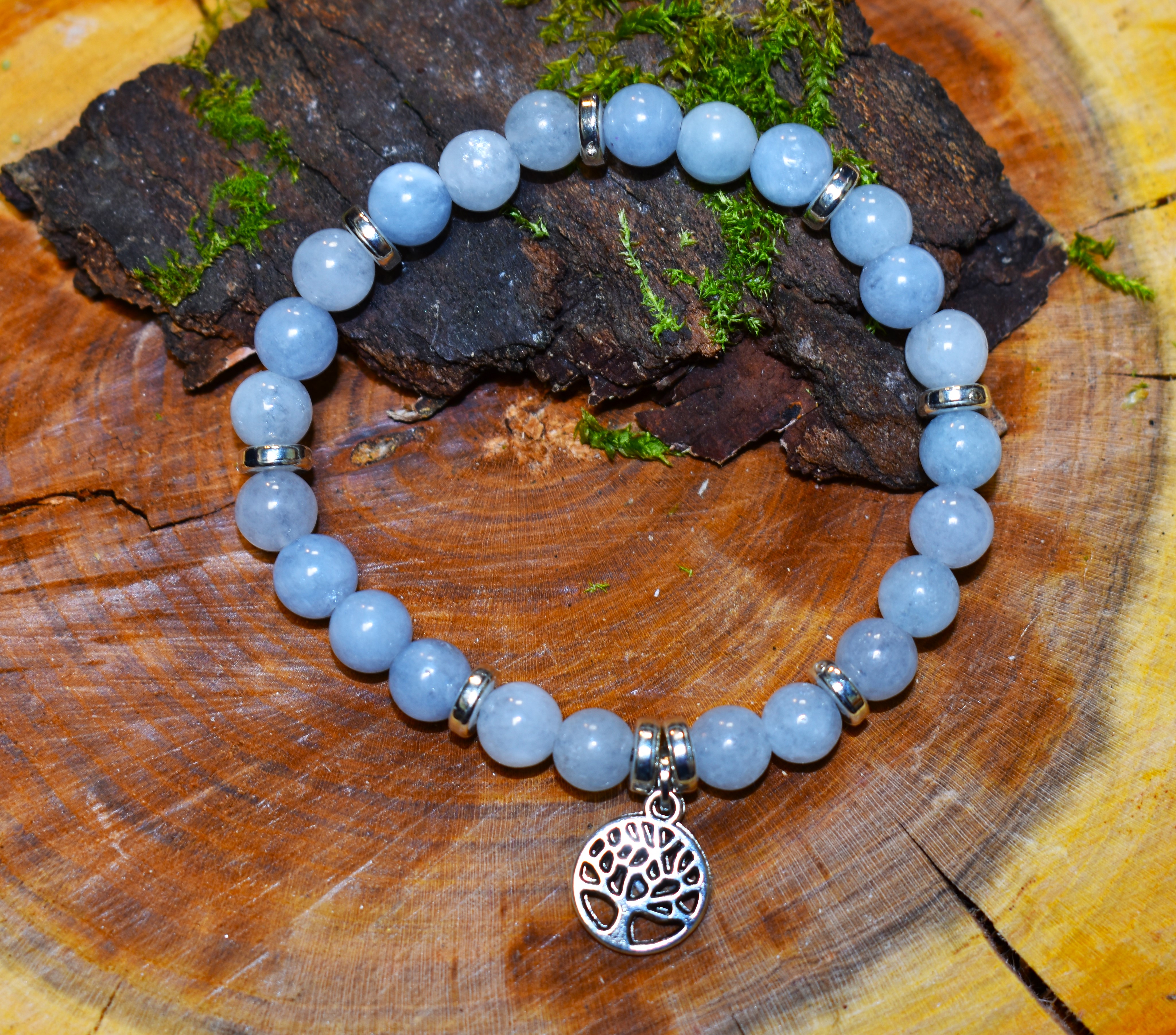 Bracelet Aigue-Marine Arbre de vie couleur argent