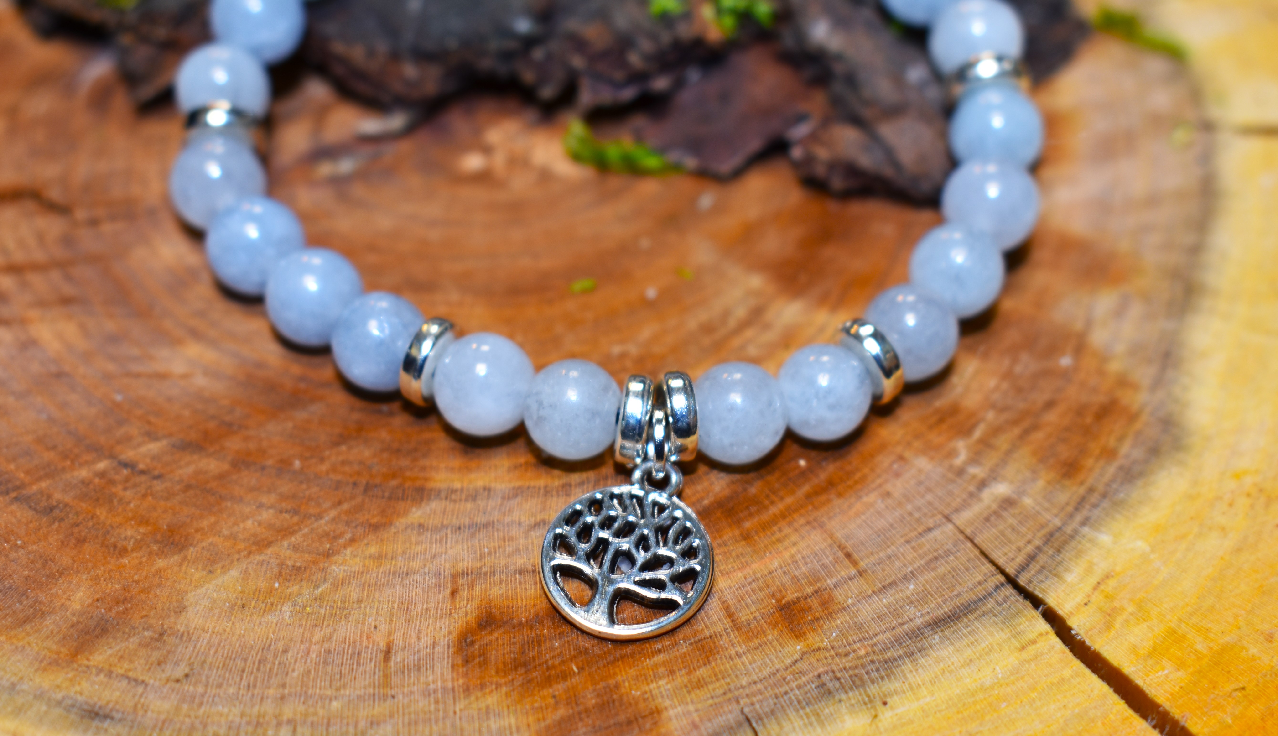 Bracelet Aigue-Marine Arbre de vie couleur argent